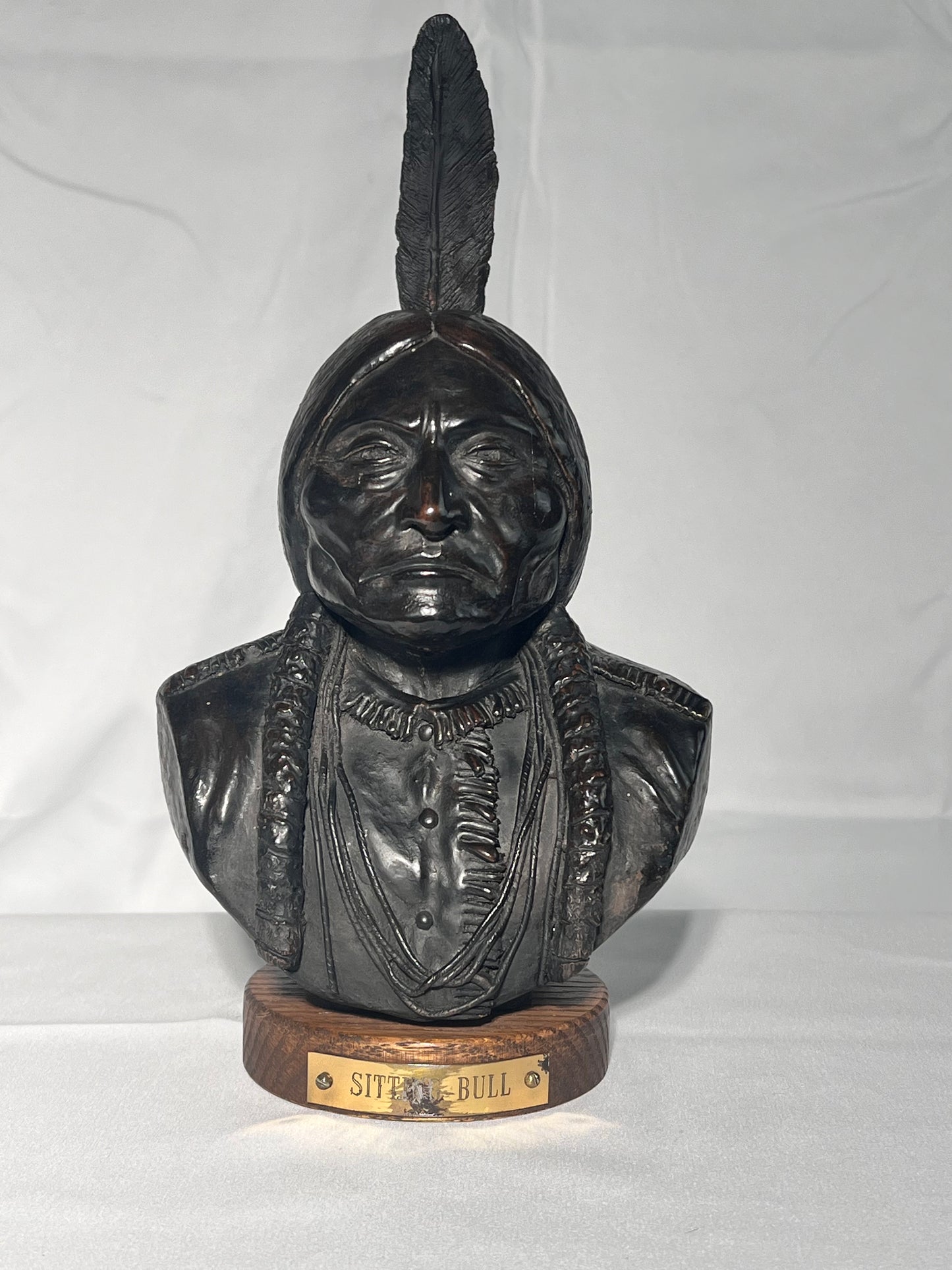 Phil Bishop - 11” bust - Sitting Bull - Native American sculpture - wood base - casted stone