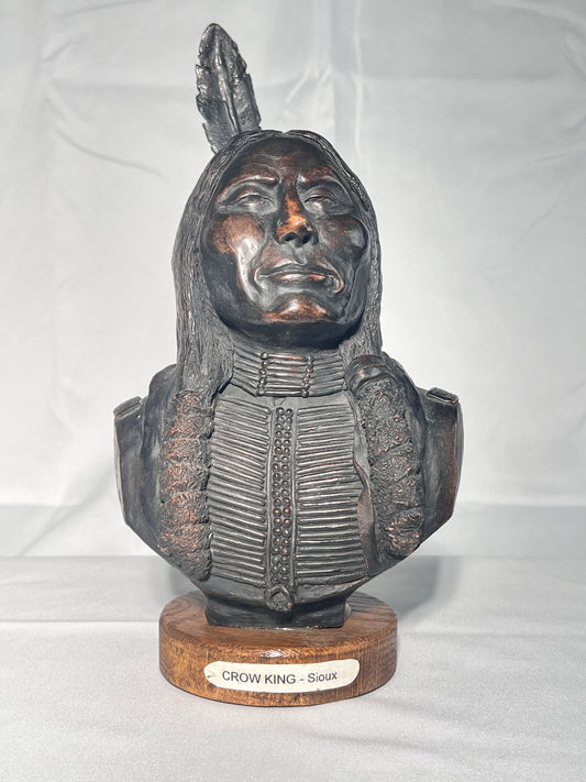 Phil Bishop - 11 1/2” bust - Crow King - Sioux- Native American sculpture- casted stone- wood base