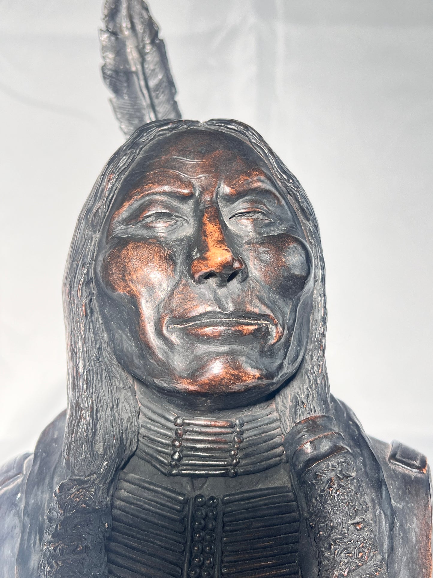 Phil Bishop - 11 1/2” bust - Crow King - Sioux- Native American sculpture- casted stone- wood base