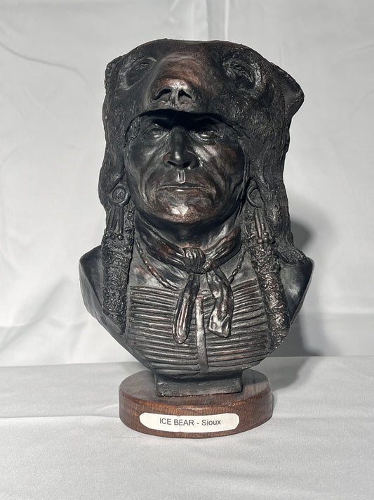 Phil Bishop - 9 1/2” bust - Ice Bear - Sioux - Native American sculpture - casted stone - wood base