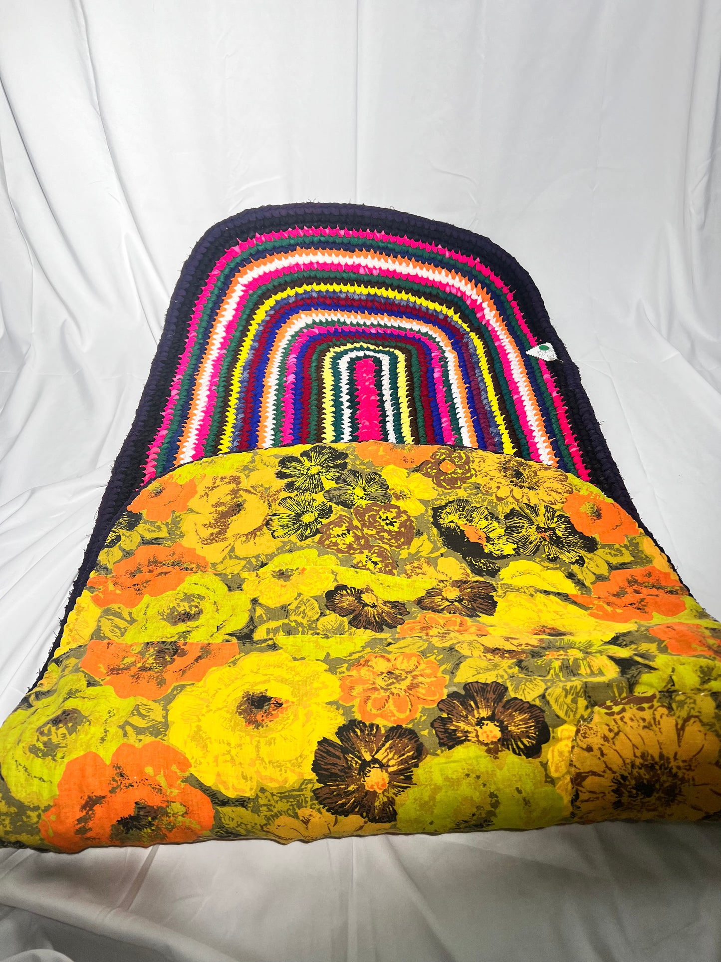 Vintage Handmade Braided Rug- 30” x 76” - Multicolor- floral back- oval area rug