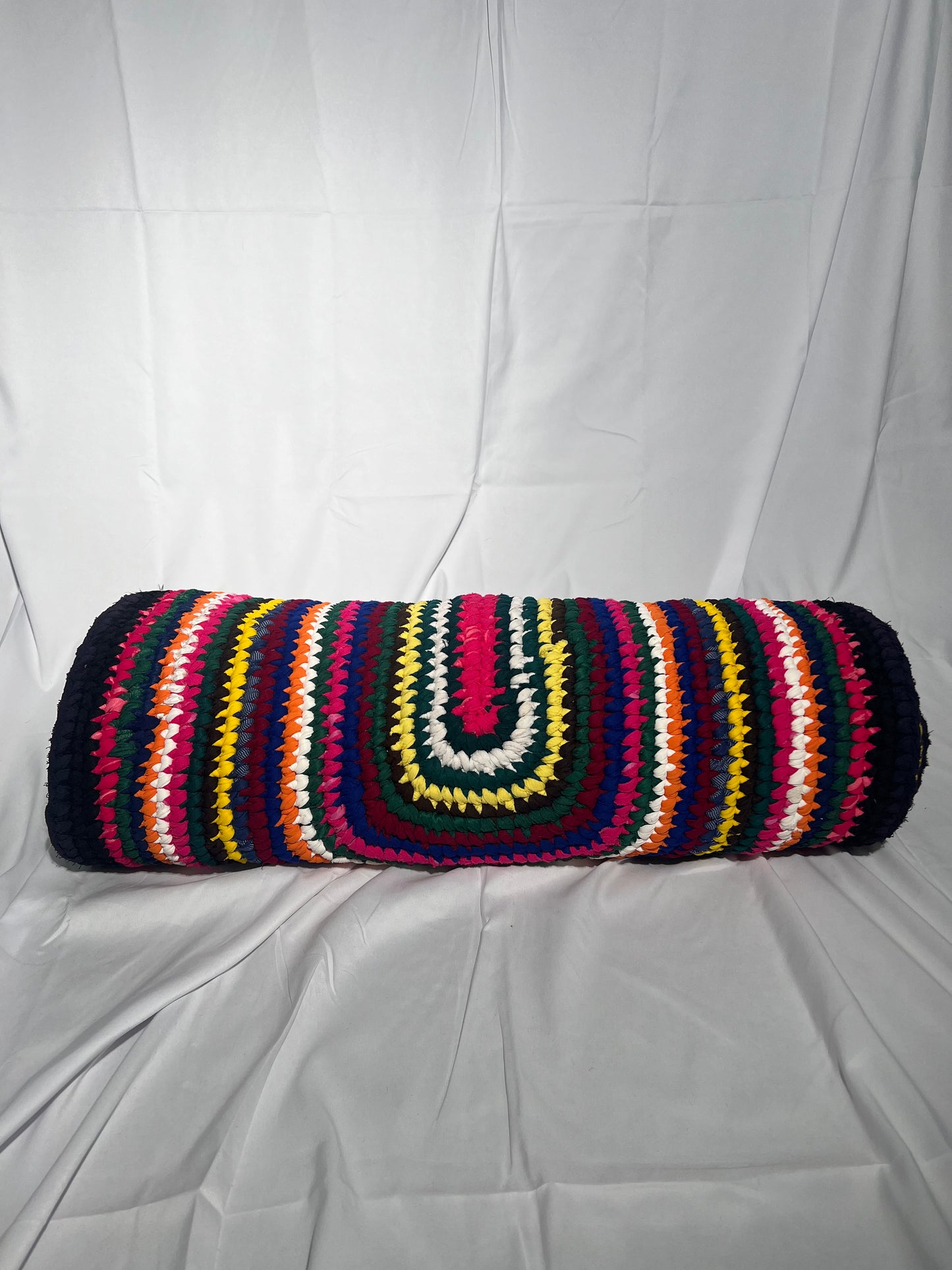 Vintage Handmade Braided Rug- 30” x 76” - Multicolor- floral back- oval area rug