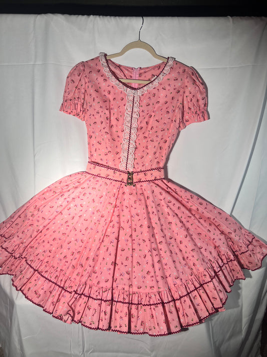 Vintage Square Dancing Dress -Kate Schorer -women’s dress- pink Floral with lace and maroon trim