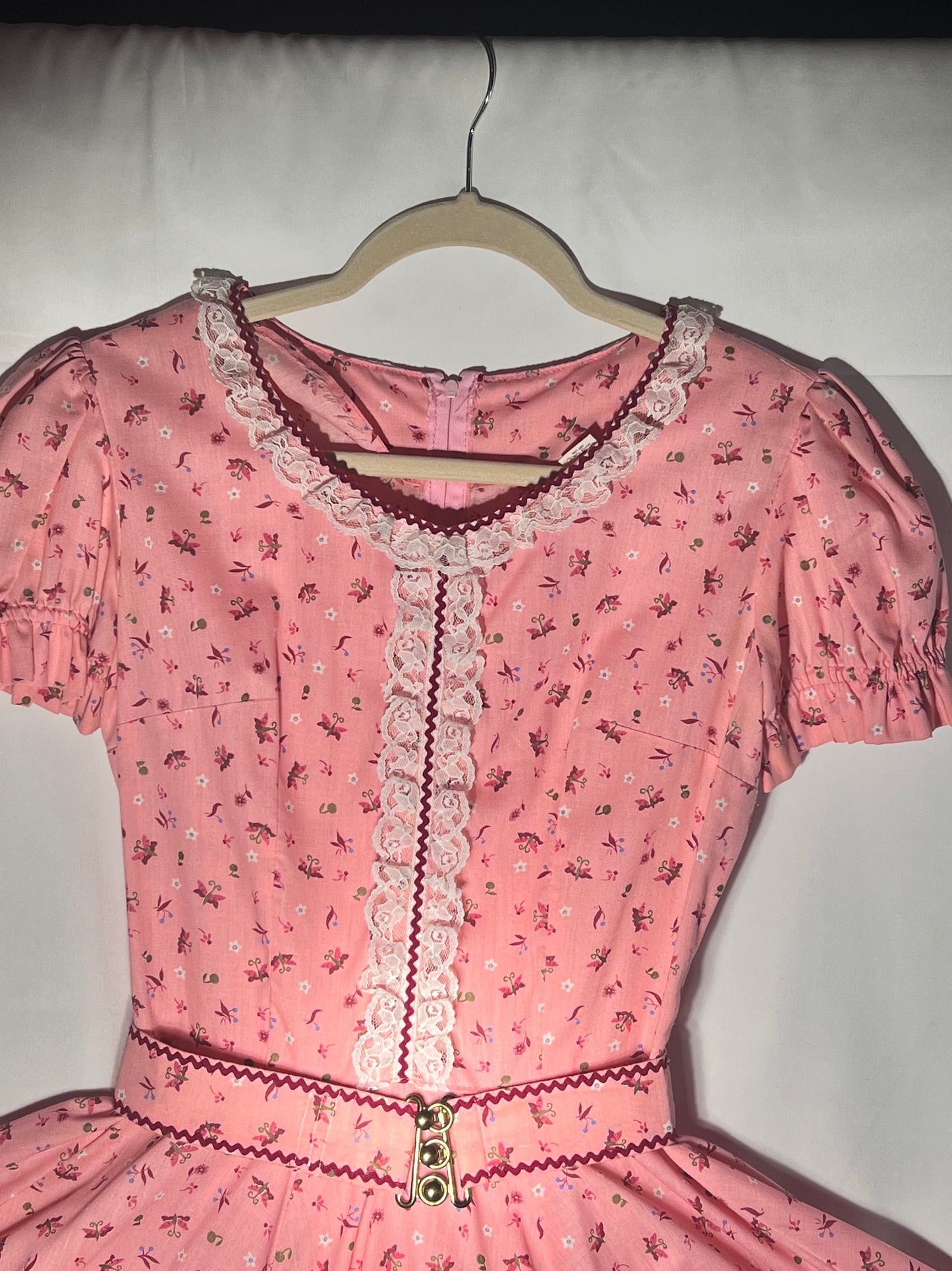 Vintage Square Dancing Dress -Kate Schorer -women’s dress- pink Floral with lace and maroon trim