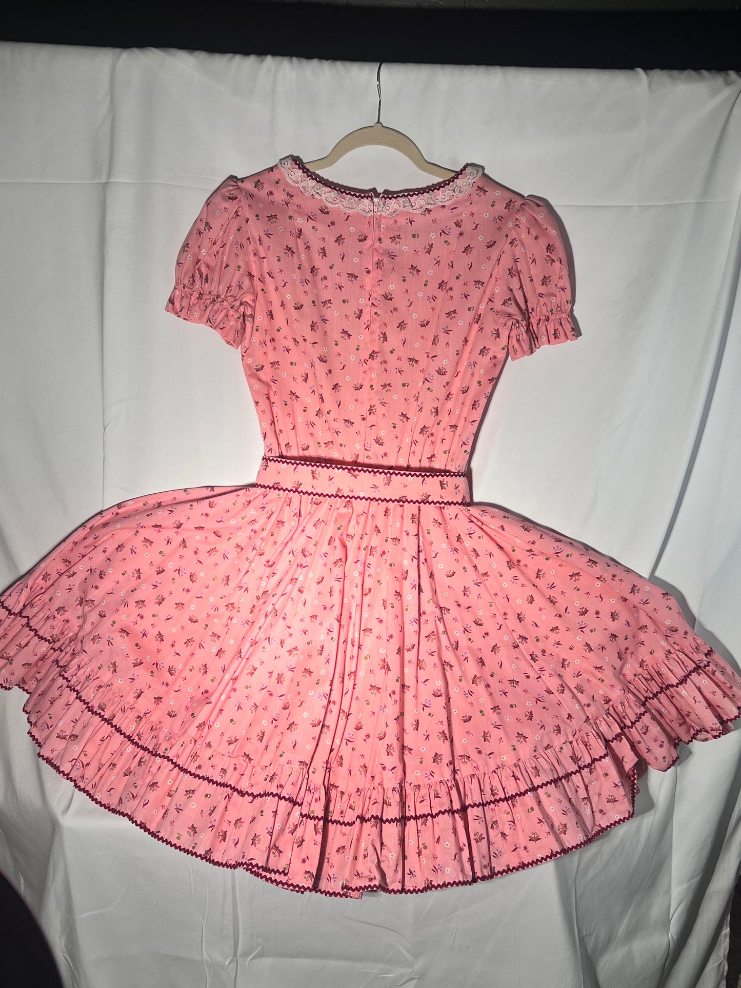 Vintage Square Dancing Dress -Kate Schorer -women’s dress- pink Floral with lace and maroon trim