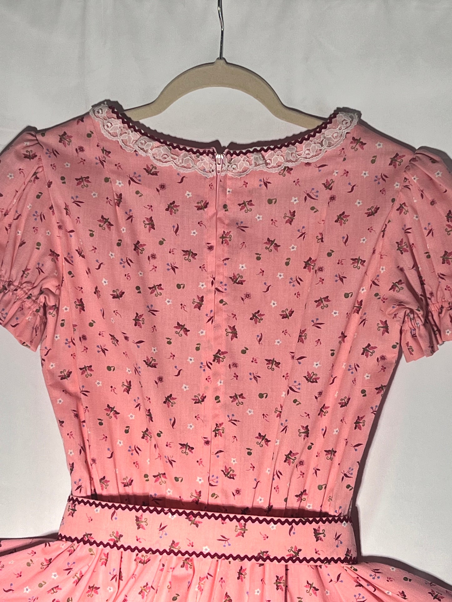 Vintage Square Dancing Dress -Kate Schorer -women’s dress- pink Floral with lace and maroon trim