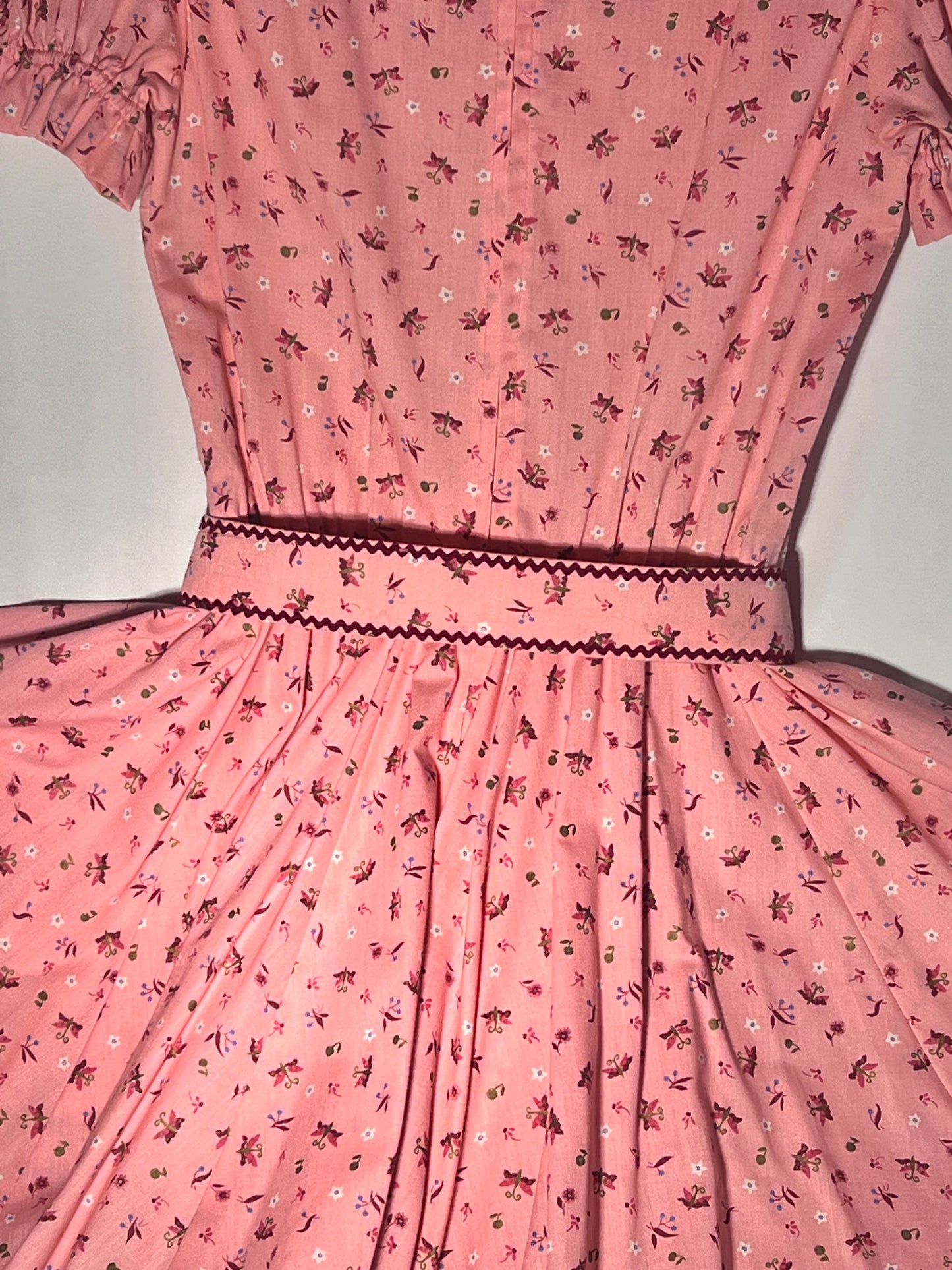 Vintage Square Dancing Dress -Kate Schorer -women’s dress- pink Floral with lace and maroon trim