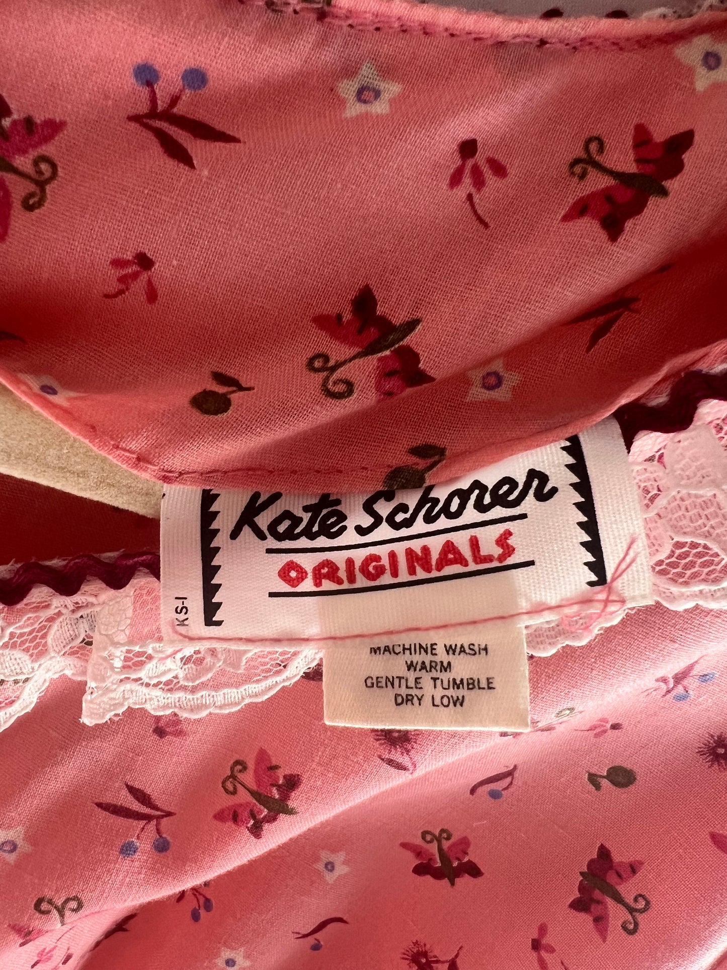 Vintage Square Dancing Dress -Kate Schorer -women’s dress- pink Floral with lace and maroon trim