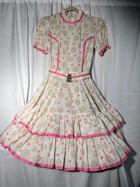 Square Dancing Dress- Kate Schorer - white Floral with pink trim- Women’s
