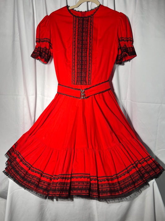 Square Dancing Dress - Kate Schorer Originals - women’s dress- red with black lace- zipper back - belt