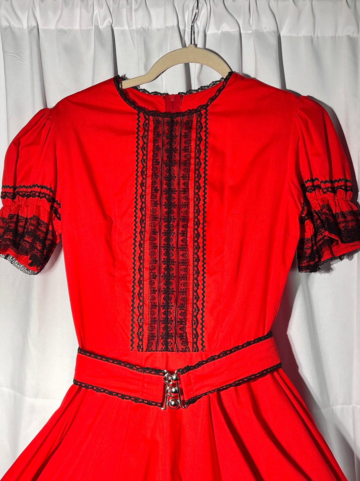 Square Dancing Dress - Kate Schorer Originals - women’s dress- red with black lace- zipper back - belt