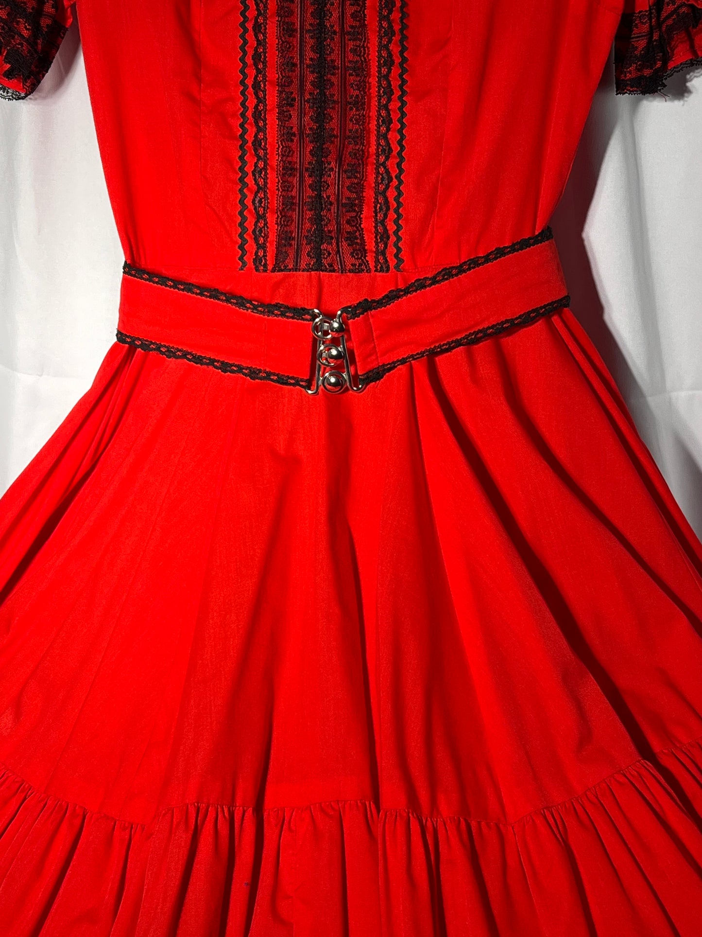 Square Dancing Dress - Kate Schorer Originals - women’s dress- red with black lace- zipper back - belt