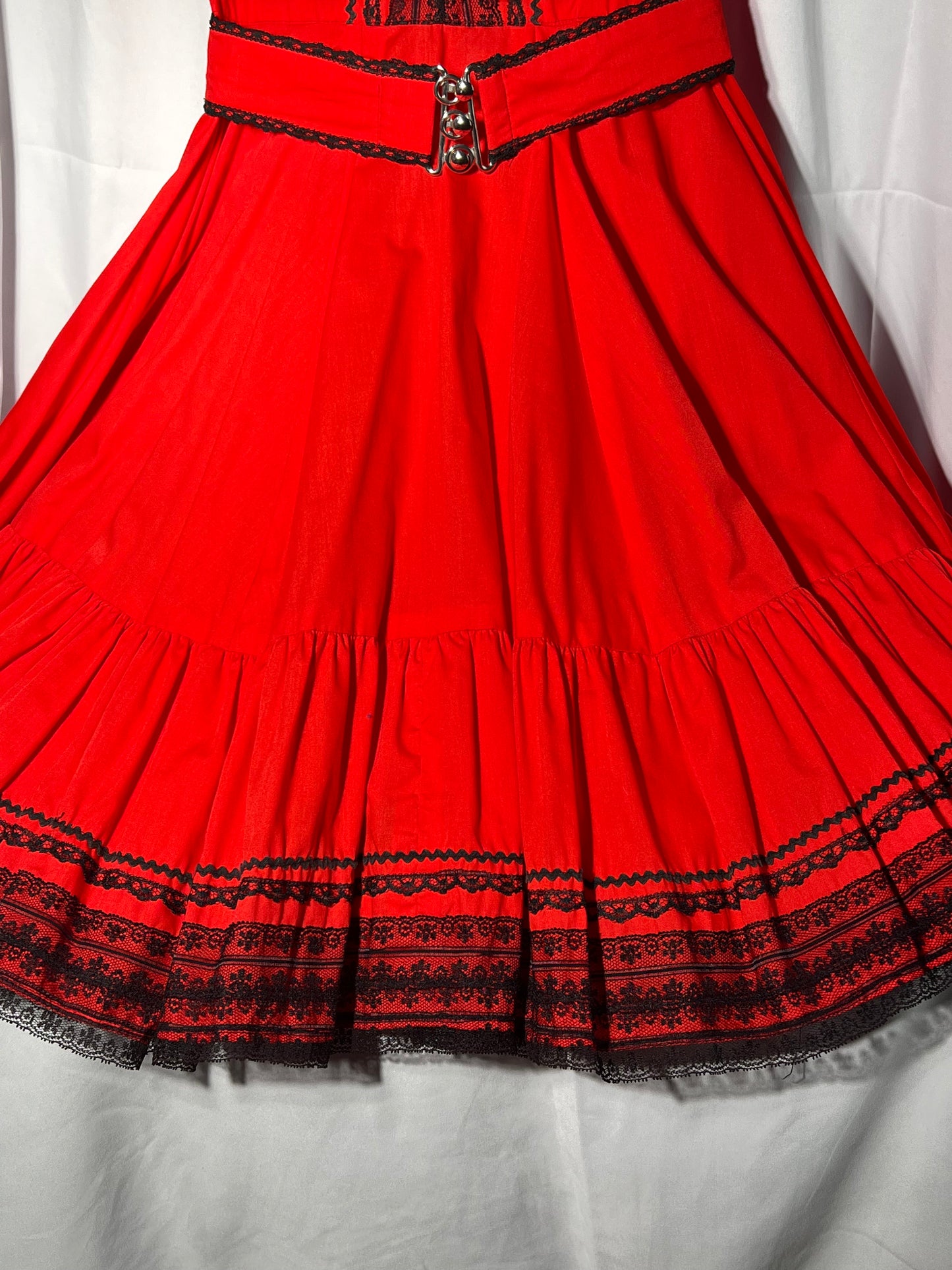 Square Dancing Dress - Kate Schorer Originals - women’s dress- red with black lace- zipper back - belt