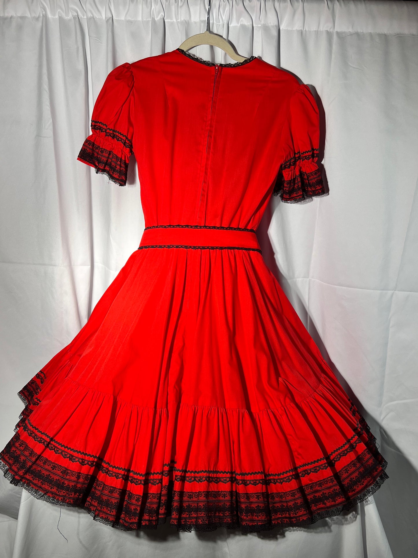 Square Dancing Dress - Kate Schorer Originals - women’s dress- red with black lace- zipper back - belt