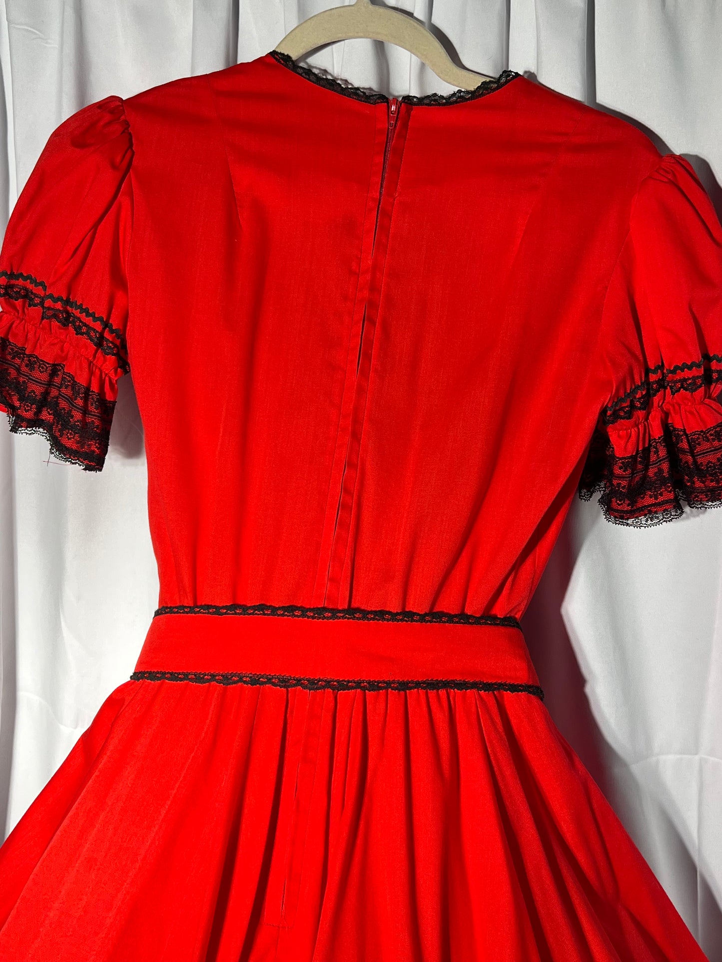 Square Dancing Dress - Kate Schorer Originals - women’s dress- red with black lace- zipper back - belt