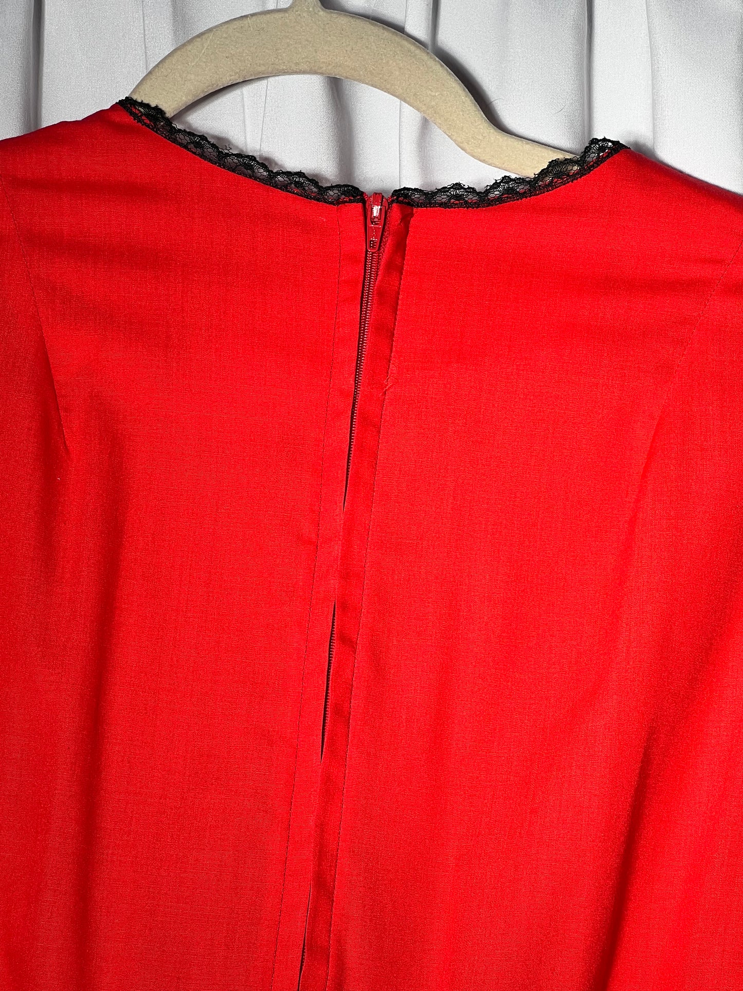 Square Dancing Dress - Kate Schorer Originals - women’s dress- red with black lace- zipper back - belt