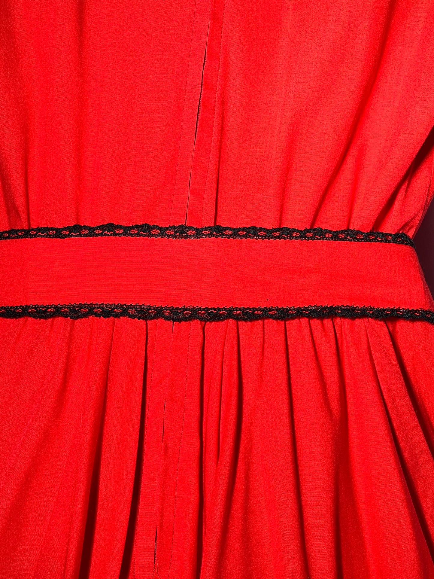 Square Dancing Dress - Kate Schorer Originals - women’s dress- red with black lace- zipper back - belt