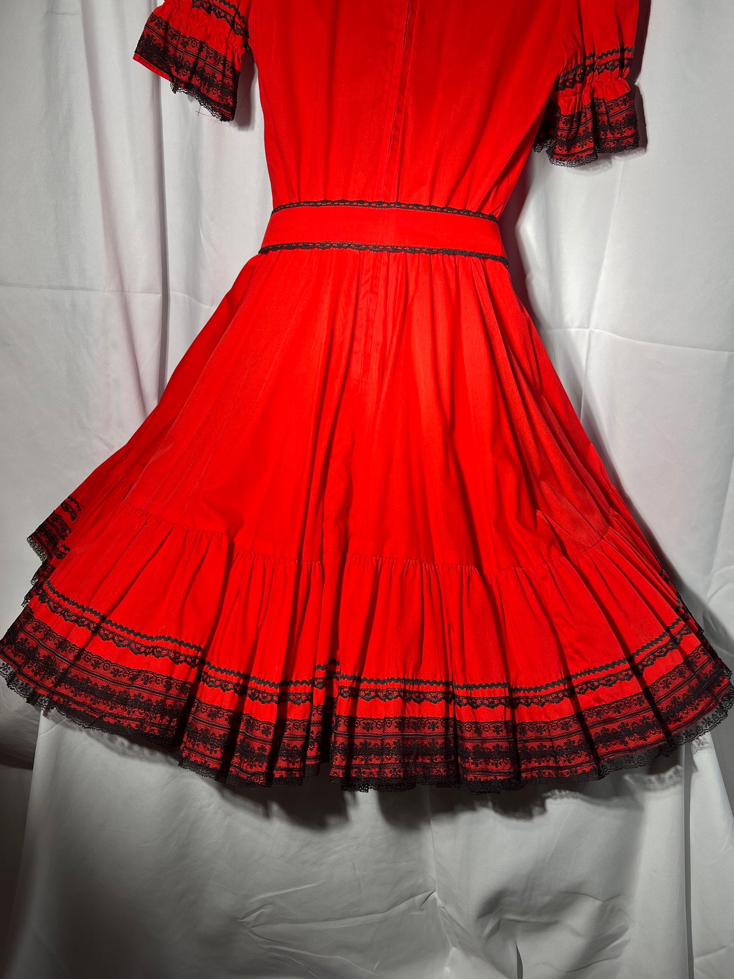 Square Dancing Dress - Kate Schorer Originals - women’s dress- red with black lace- zipper back - belt