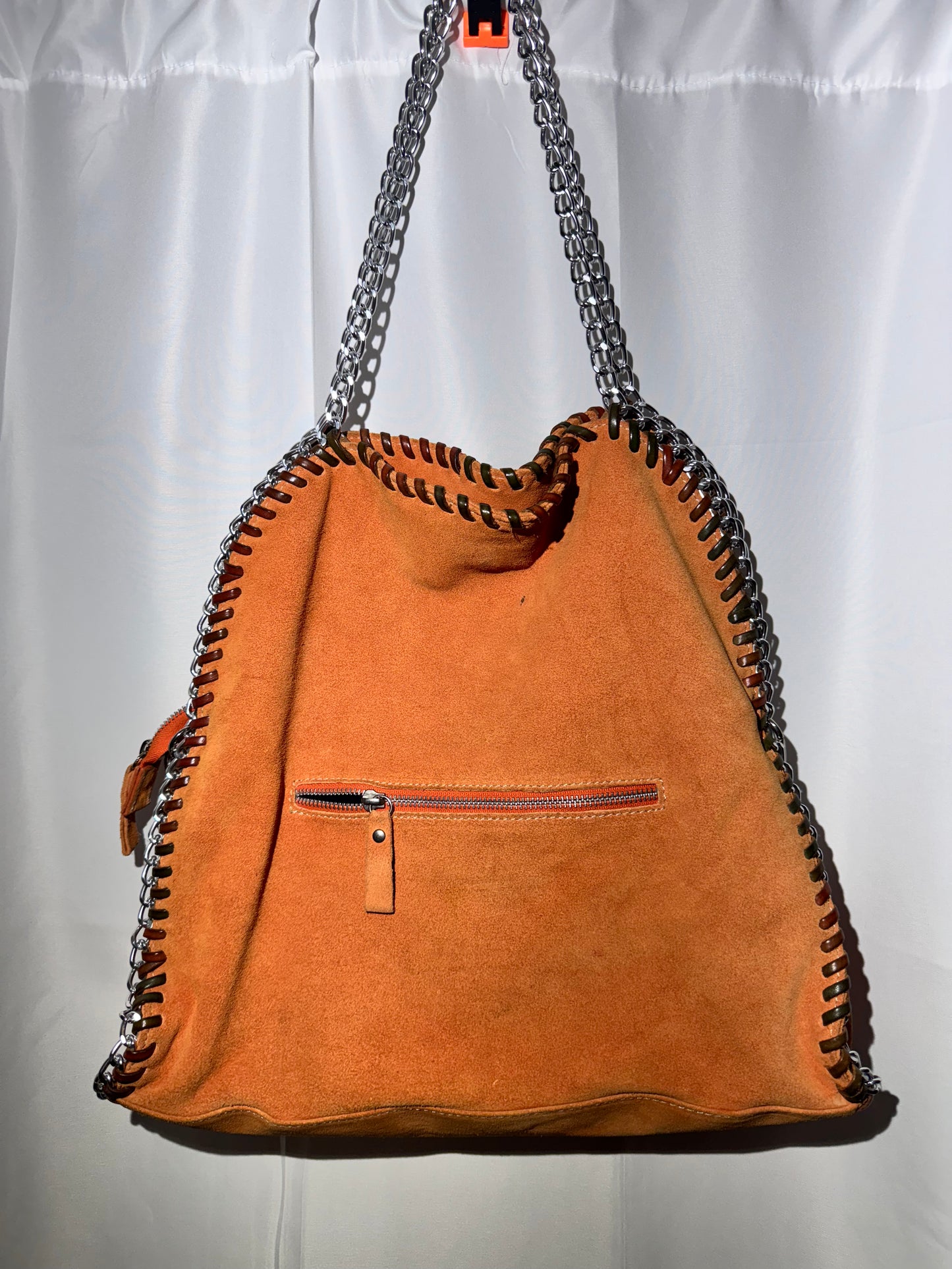 Stylish Orange Leather Handbag with Chain Straps – Gently Used