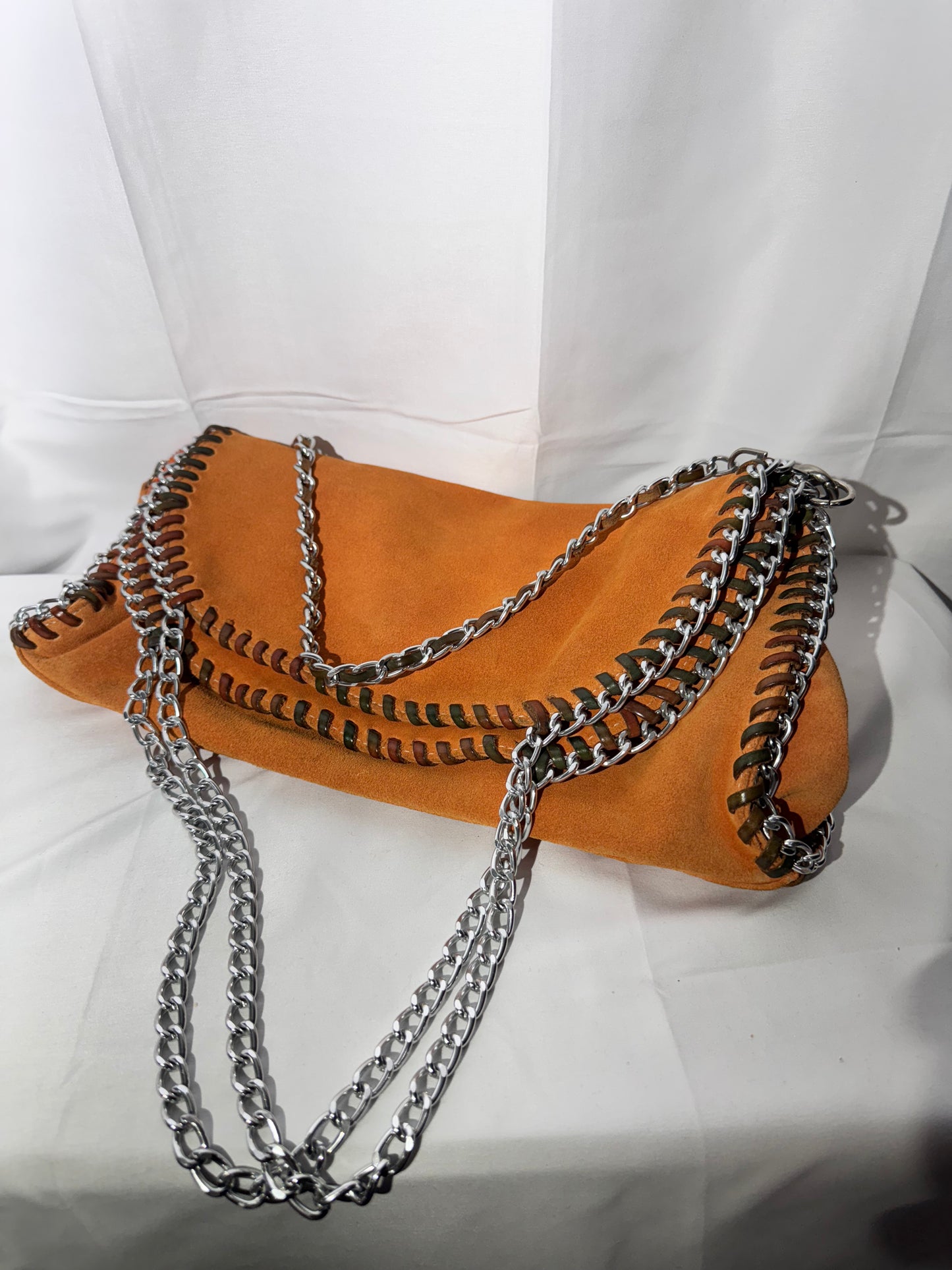 Stylish Orange Leather Handbag with Chain Straps – Gently Used