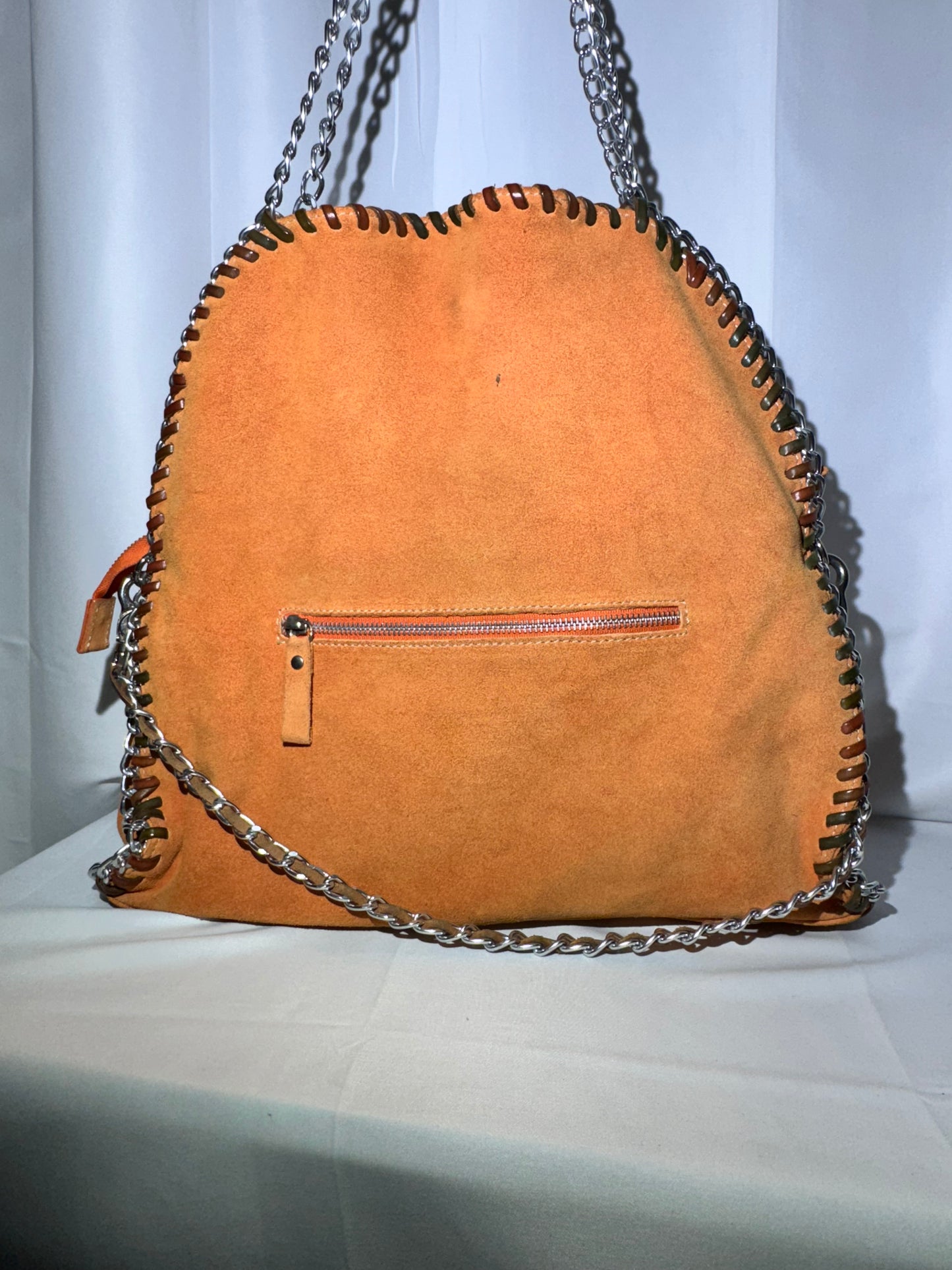 Stylish Orange Leather Handbag with Chain Straps – Gently Used