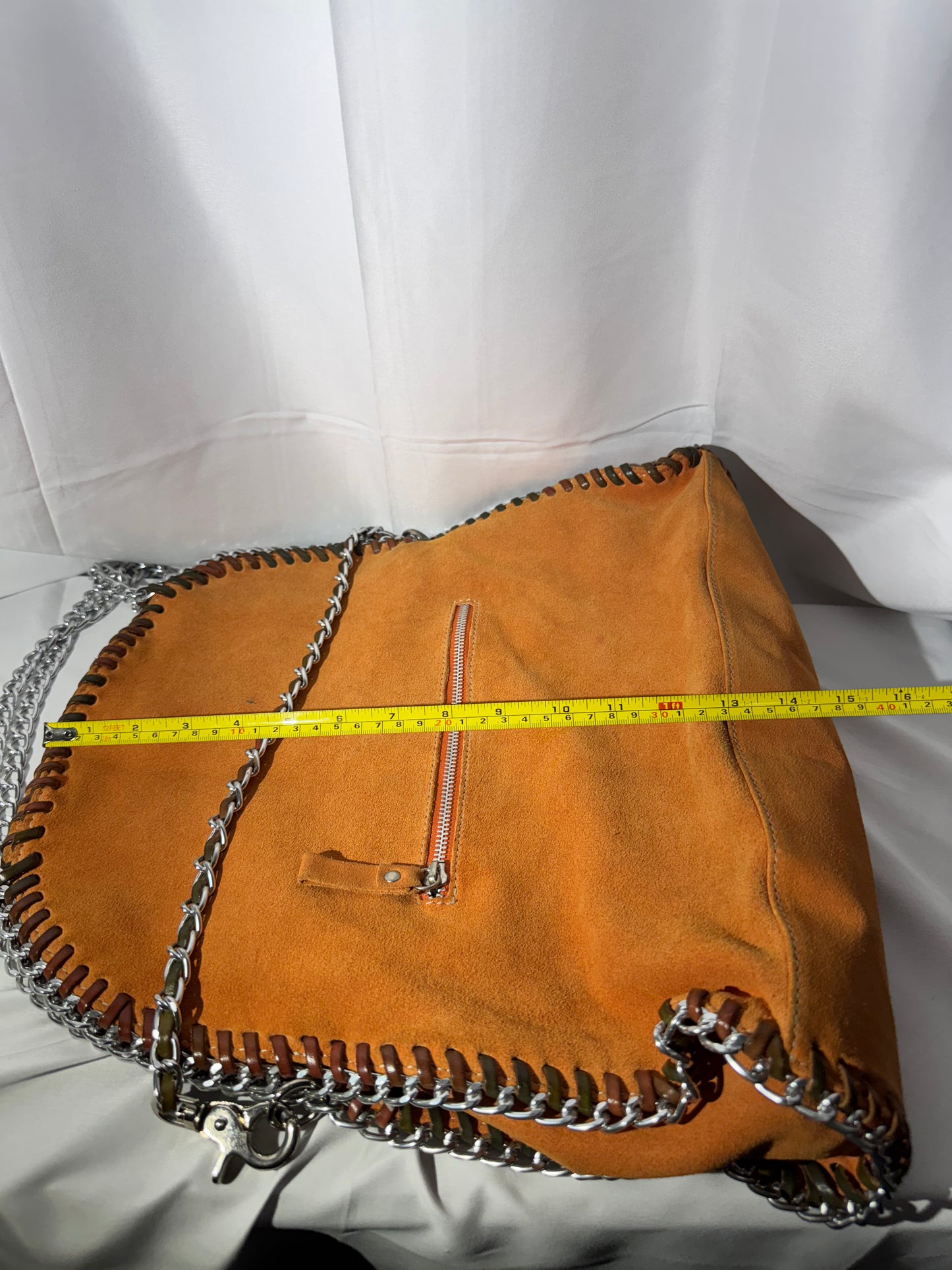 Stylish Orange Leather Handbag with Chain Straps – Gently Used