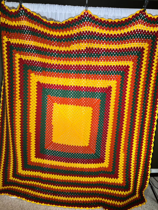 Afghan - 69” x 77” - yellow, orange, green and maroon - hand crocheted blanket