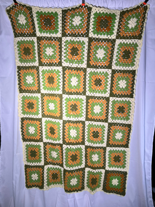 Afghan- 41” x 63” cream,green, orange squares- Hand Crochet Blanket