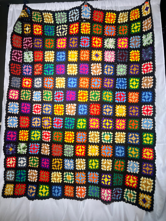 Large Afghan- vintage hand crochet blanket- Multi colored square pattern - 61” x 72”