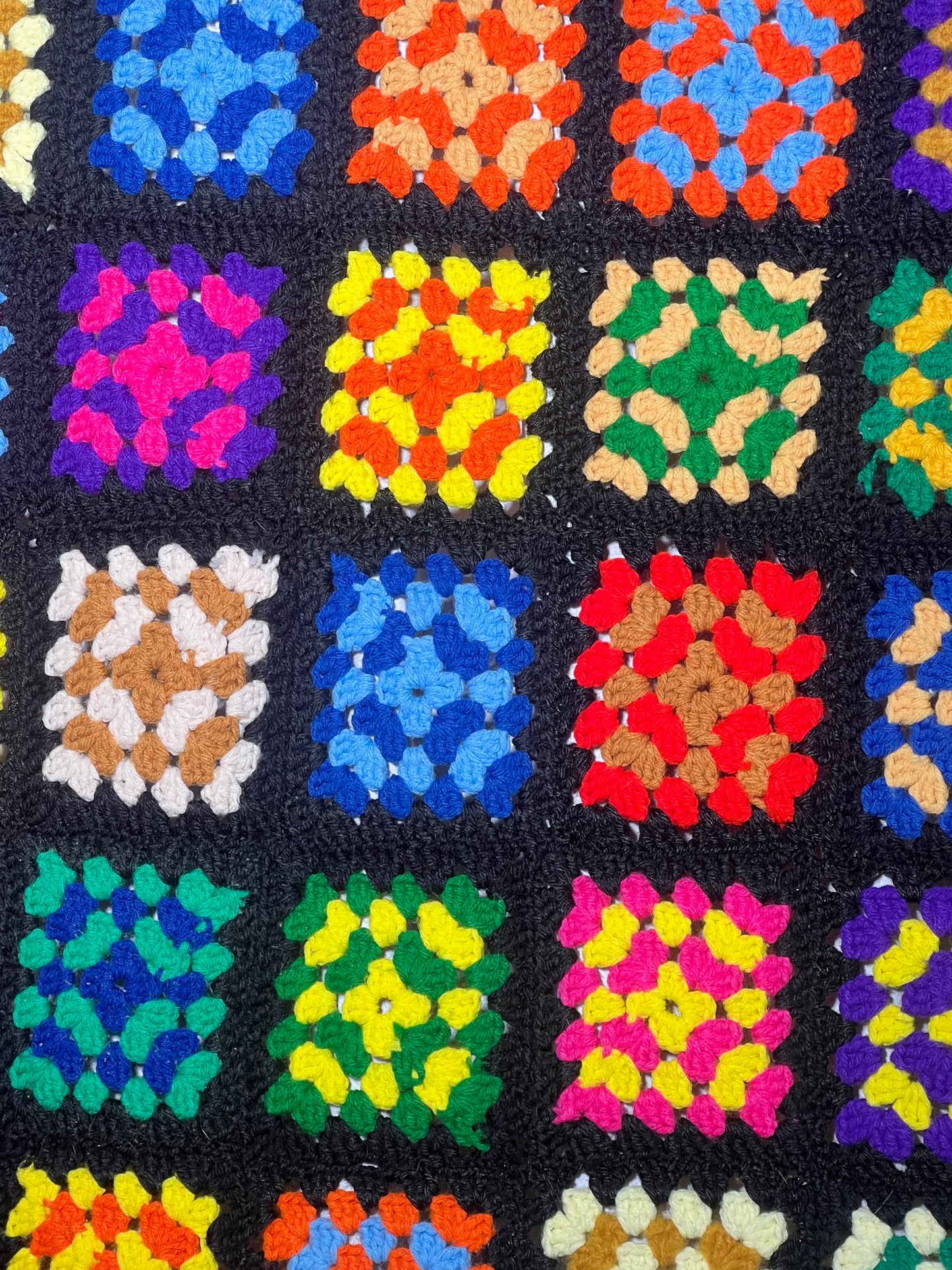 Large Afghan- vintage hand crochet blanket- Multi colored square pattern - 61” x 72”