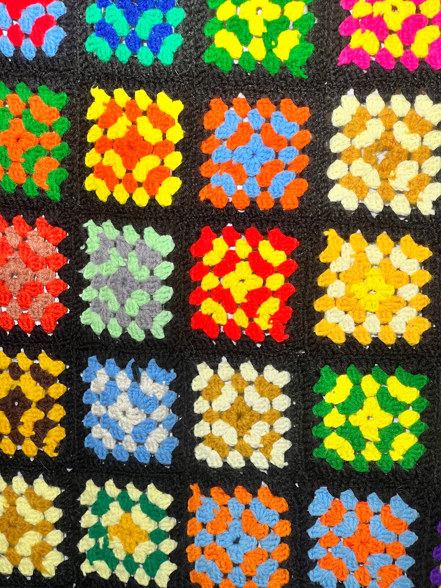 Large Afghan- vintage hand crochet blanket- Multi colored square pattern - 61” x 72”