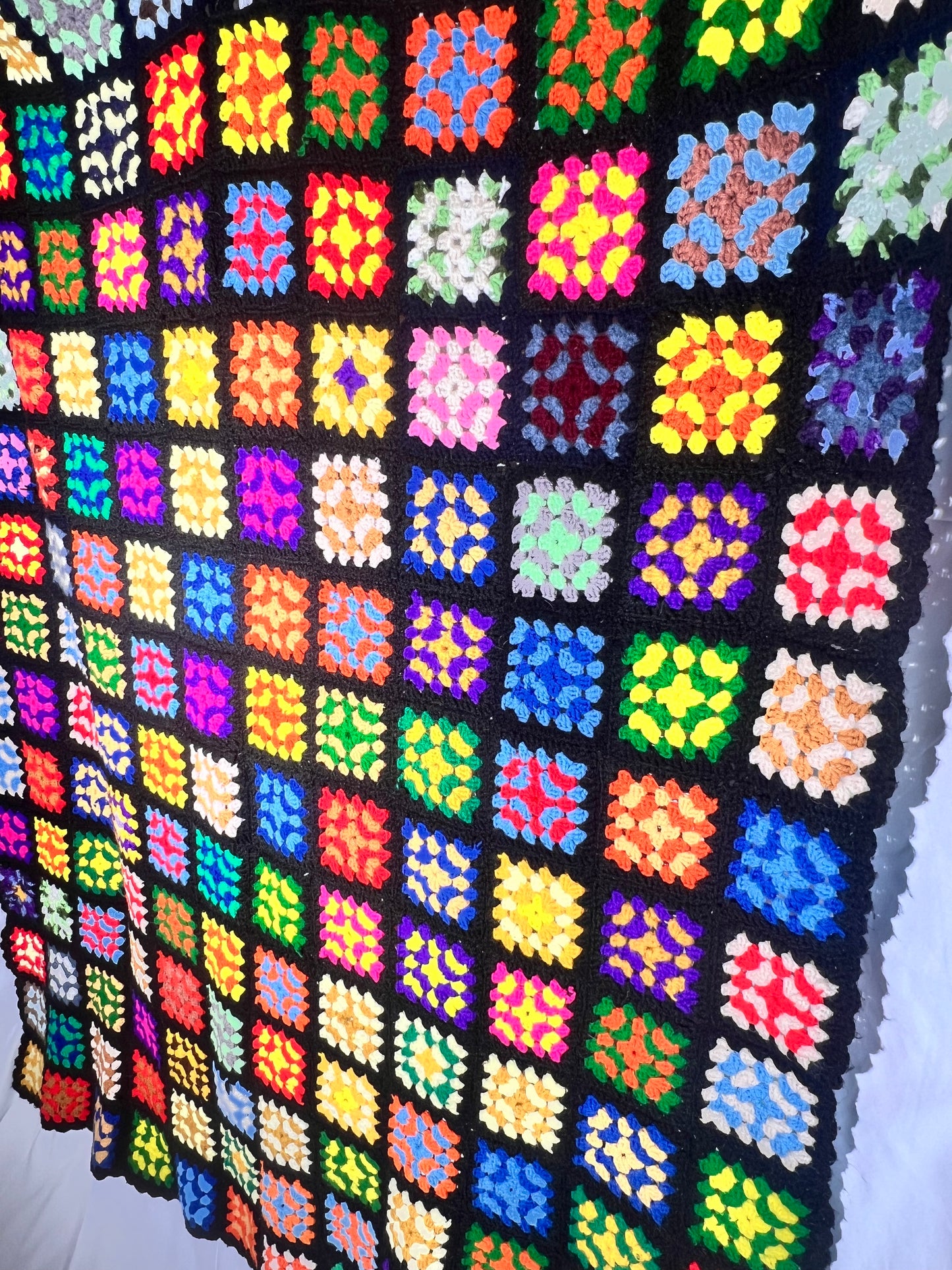 Large Afghan- vintage hand crochet blanket- Multi colored square pattern - 61” x 72”