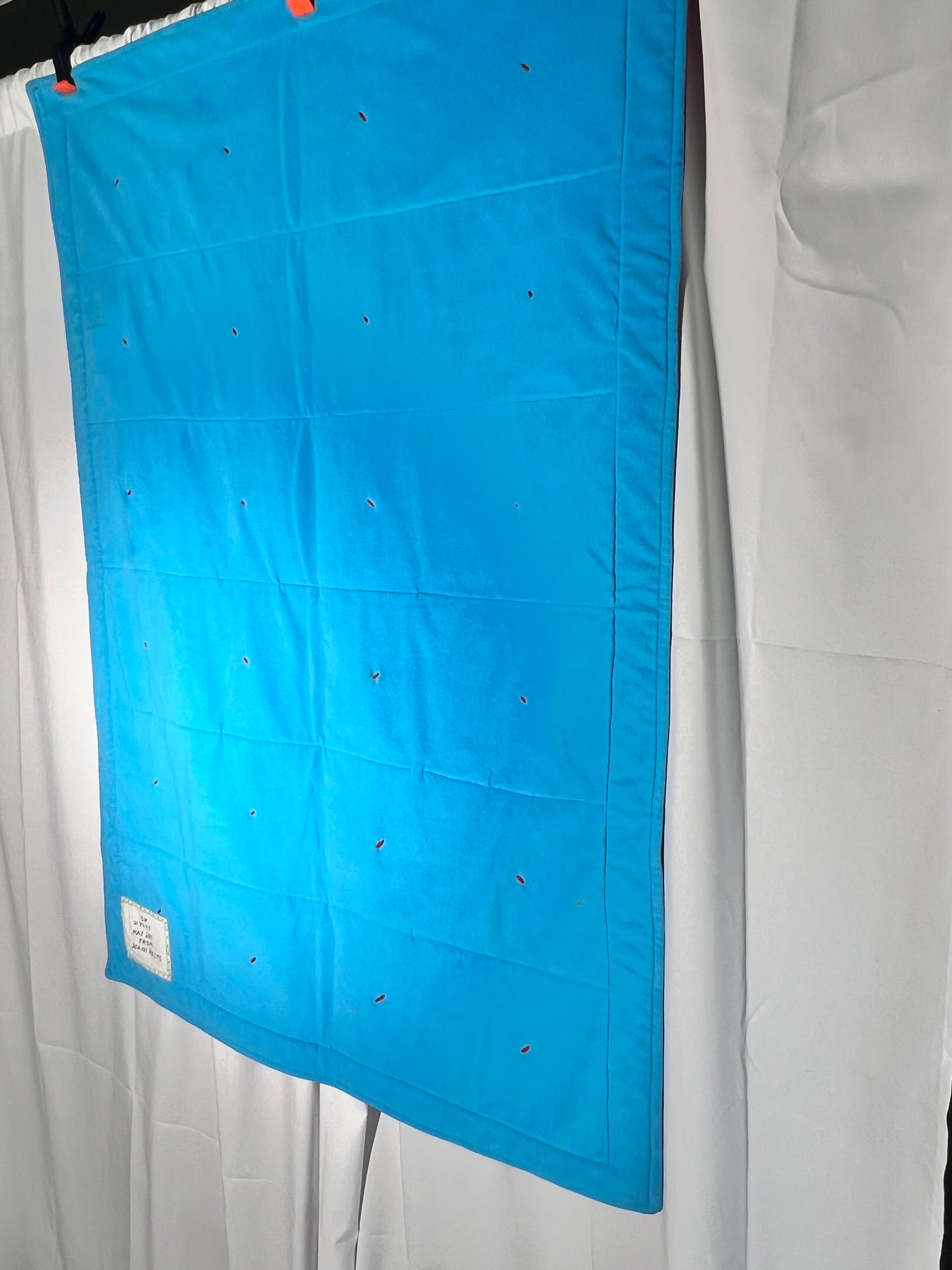 Quilt- fun print squares- 33” x 46” - polkadot trim- kid or baby blanket