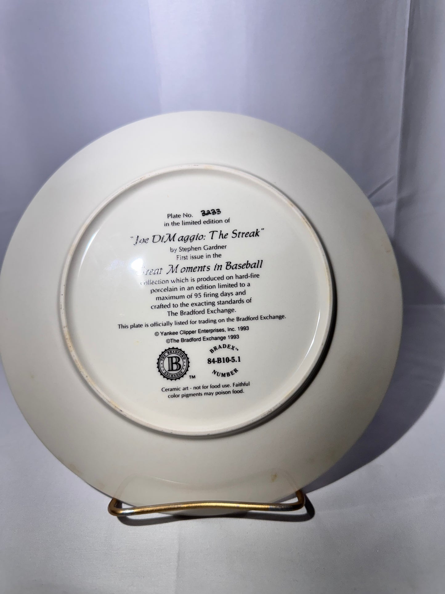 Joe DiMaggio “The Streak” Signed Collector Plate – Limited Edition-Bradford Exchange- #3233/5000 - Certificate of Authenticity