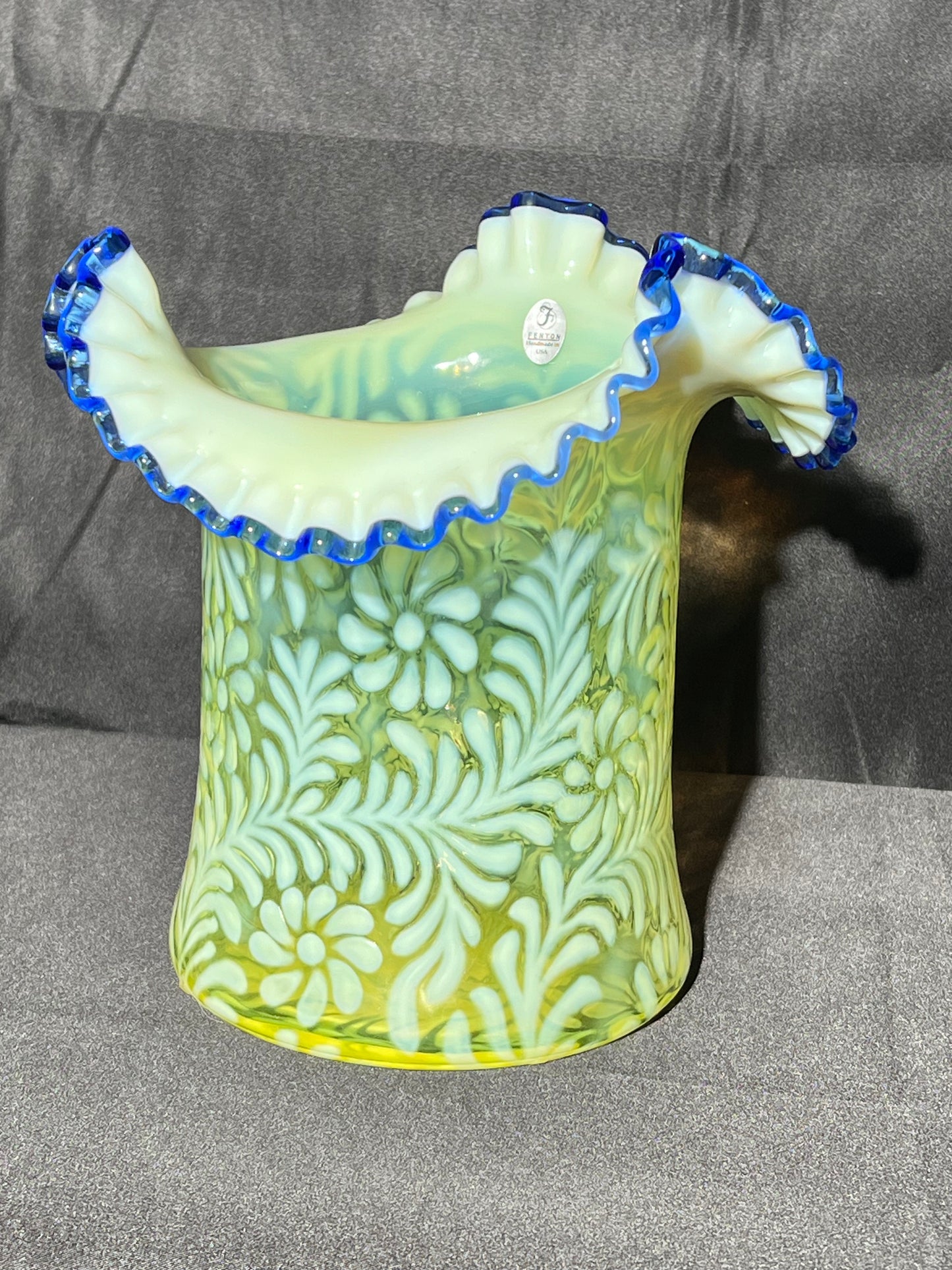 Uranium - Fenton - 8 1/2” Top Hat - Daisy Fern - Ruffled - Blue Crested - Rare - Glass Vase