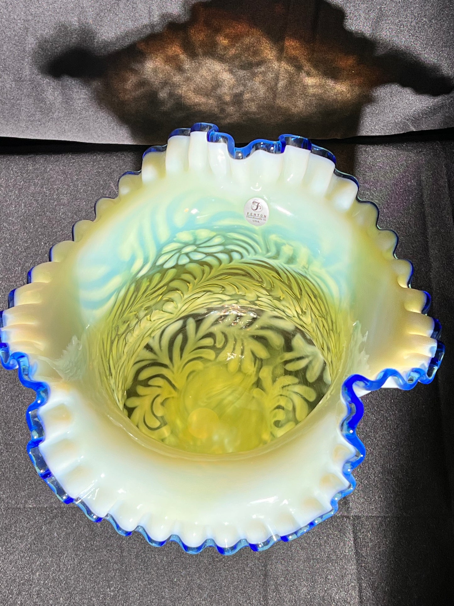 Uranium - Fenton - 8 1/2” Top Hat - Daisy Fern - Ruffled - Blue Crested - Rare - Glass Vase