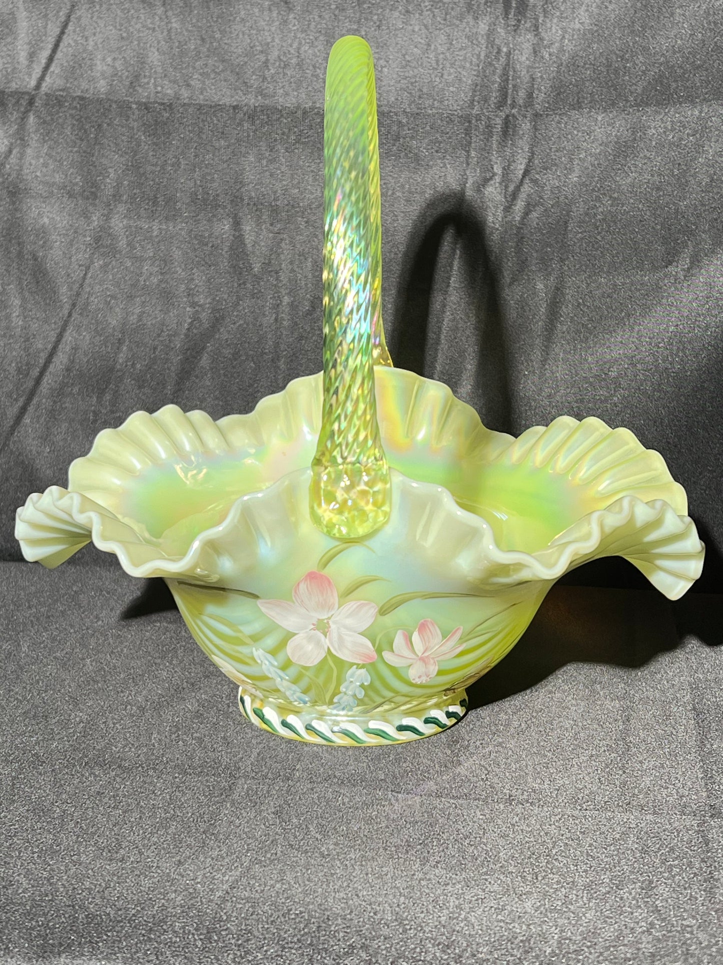 Uranium- 10” Fenton Basket- hand paint-sign, signed and numbered #884 - 1998 - with Fenton sticker