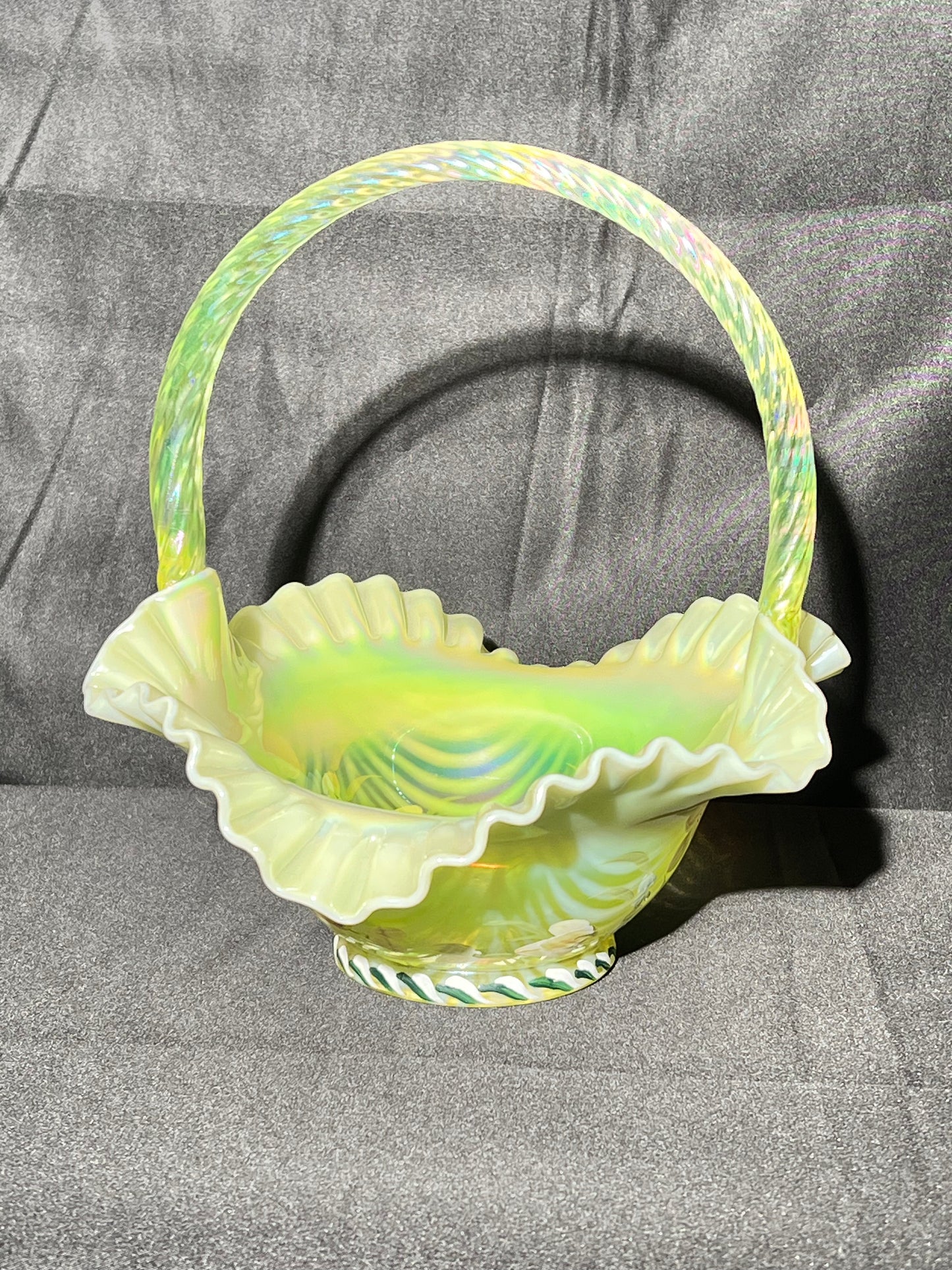 Uranium- 10” Fenton Basket- hand paint-sign, signed and numbered #884 - 1998 - with Fenton sticker