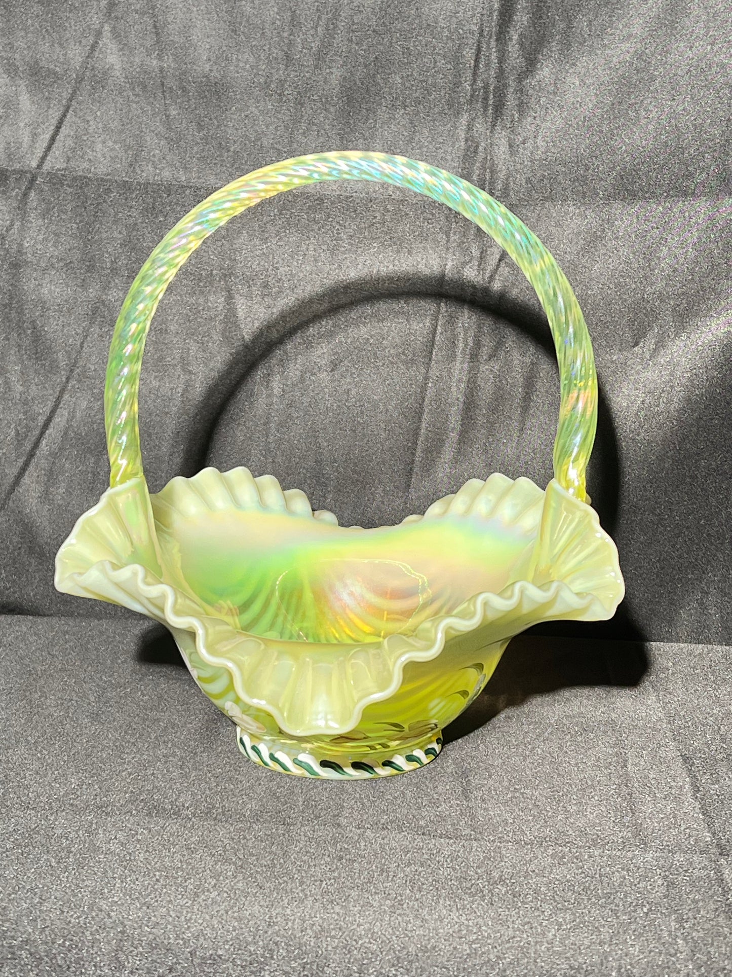 Uranium- 10” Fenton Basket- hand paint-sign, signed and numbered #884 - 1998 - with Fenton sticker