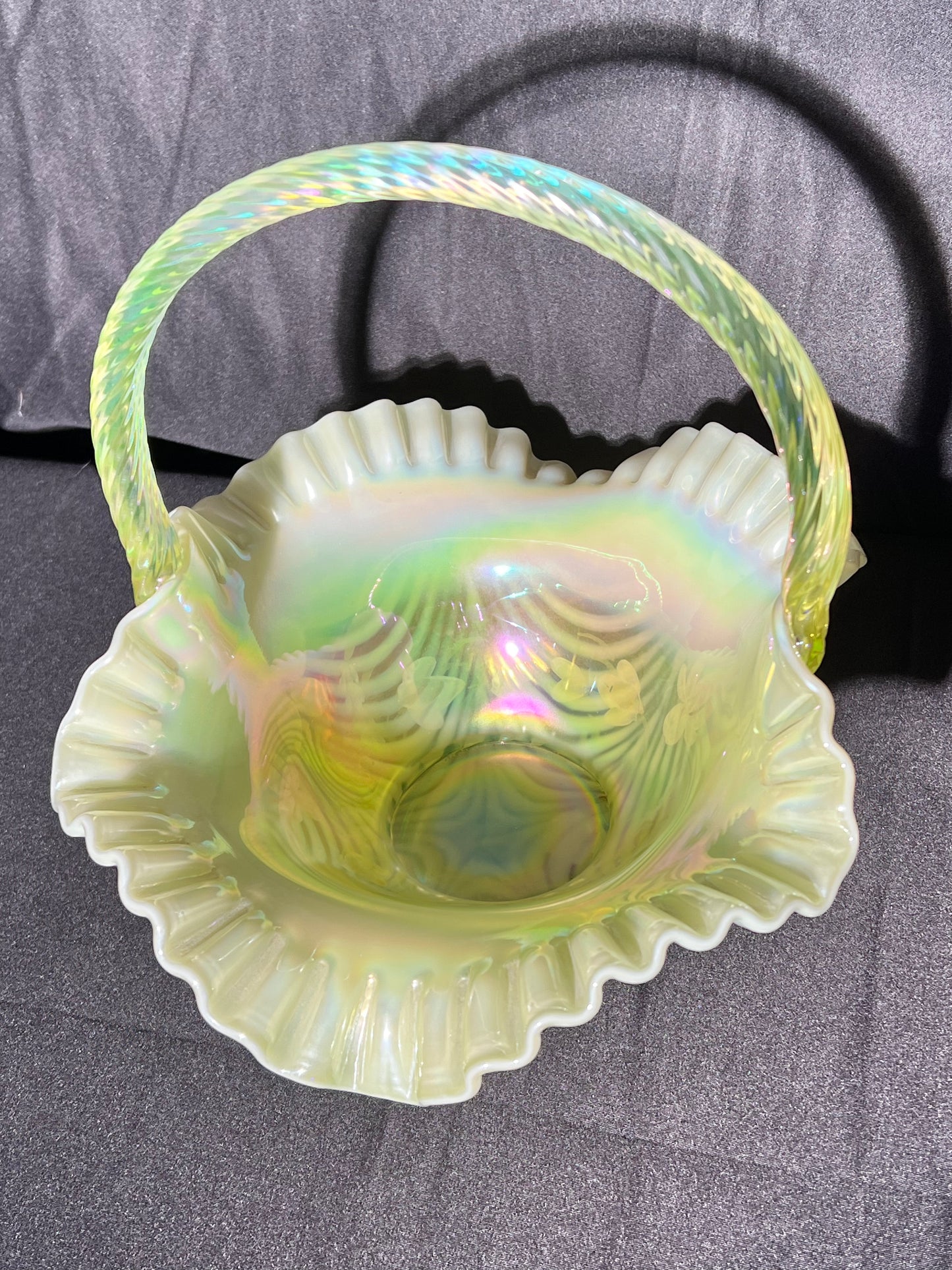 Uranium- 10” Fenton Basket- hand paint-sign, signed and numbered #884 - 1998 - with Fenton sticker