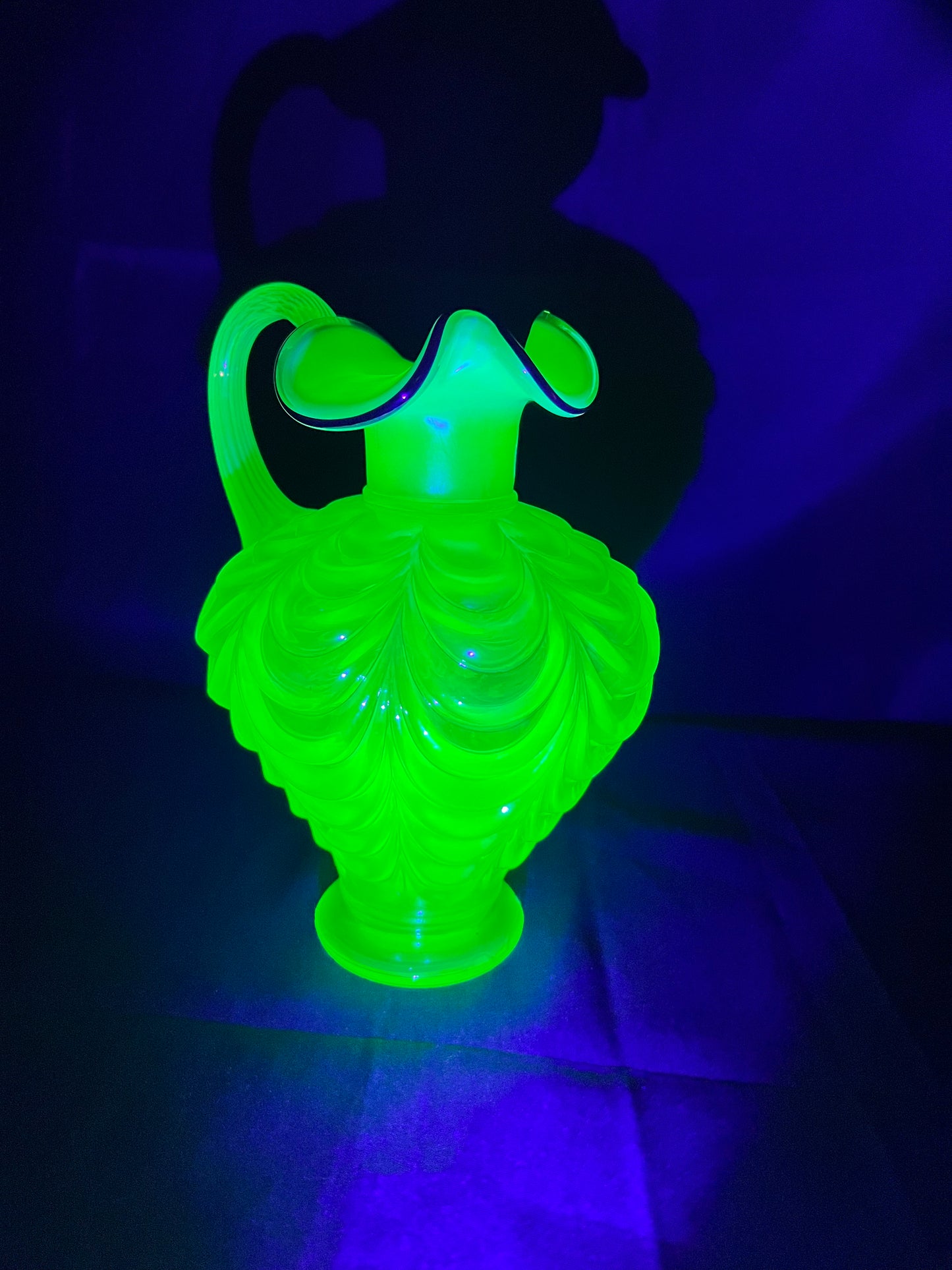 Uranium- 7 1/2” Pitcher Vase - iridescent - Ruffled- Drapery- Fenton with sticker