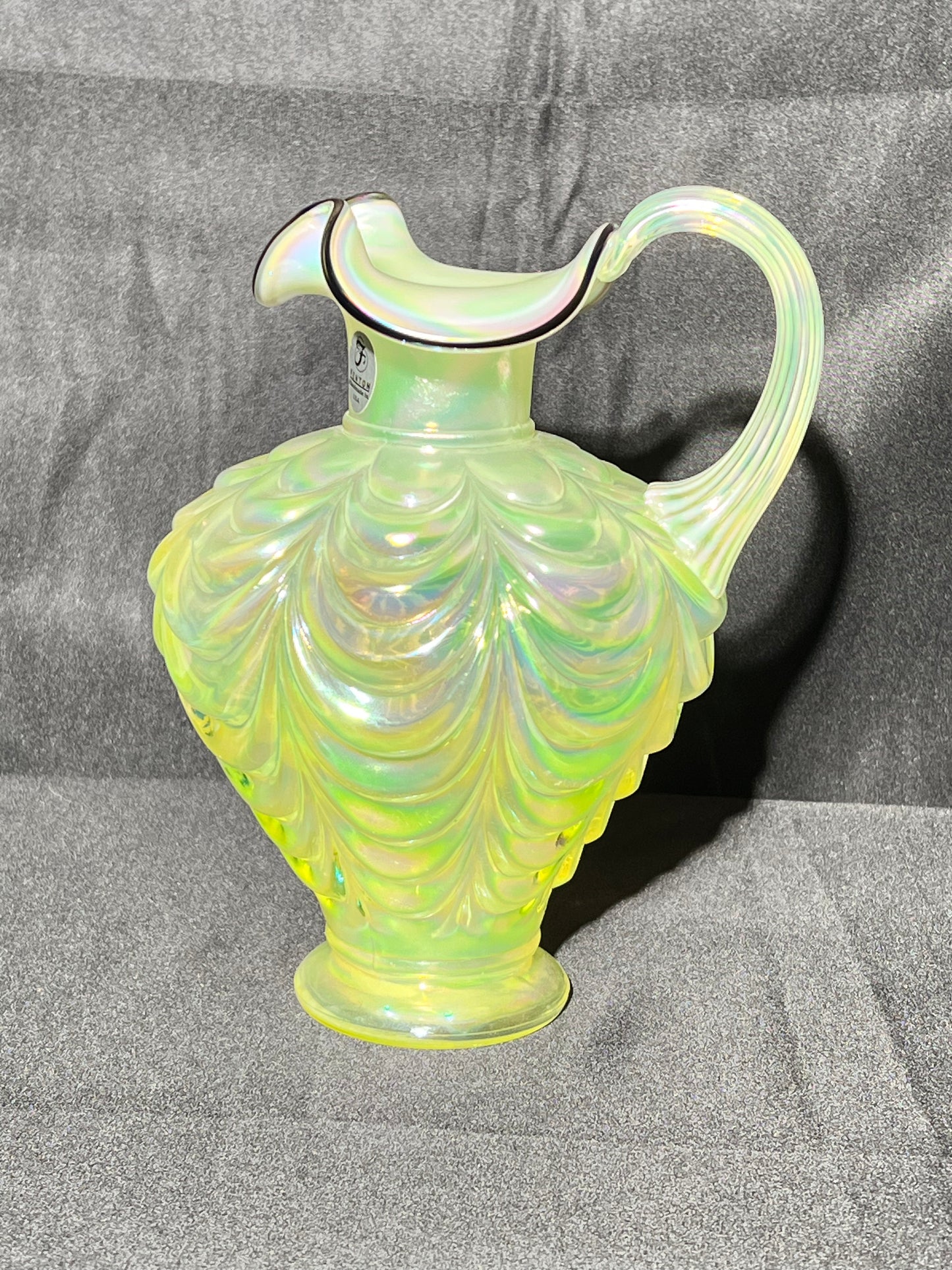 Uranium- 7 1/2” Pitcher Vase - iridescent - Ruffled- Drapery- Fenton with sticker