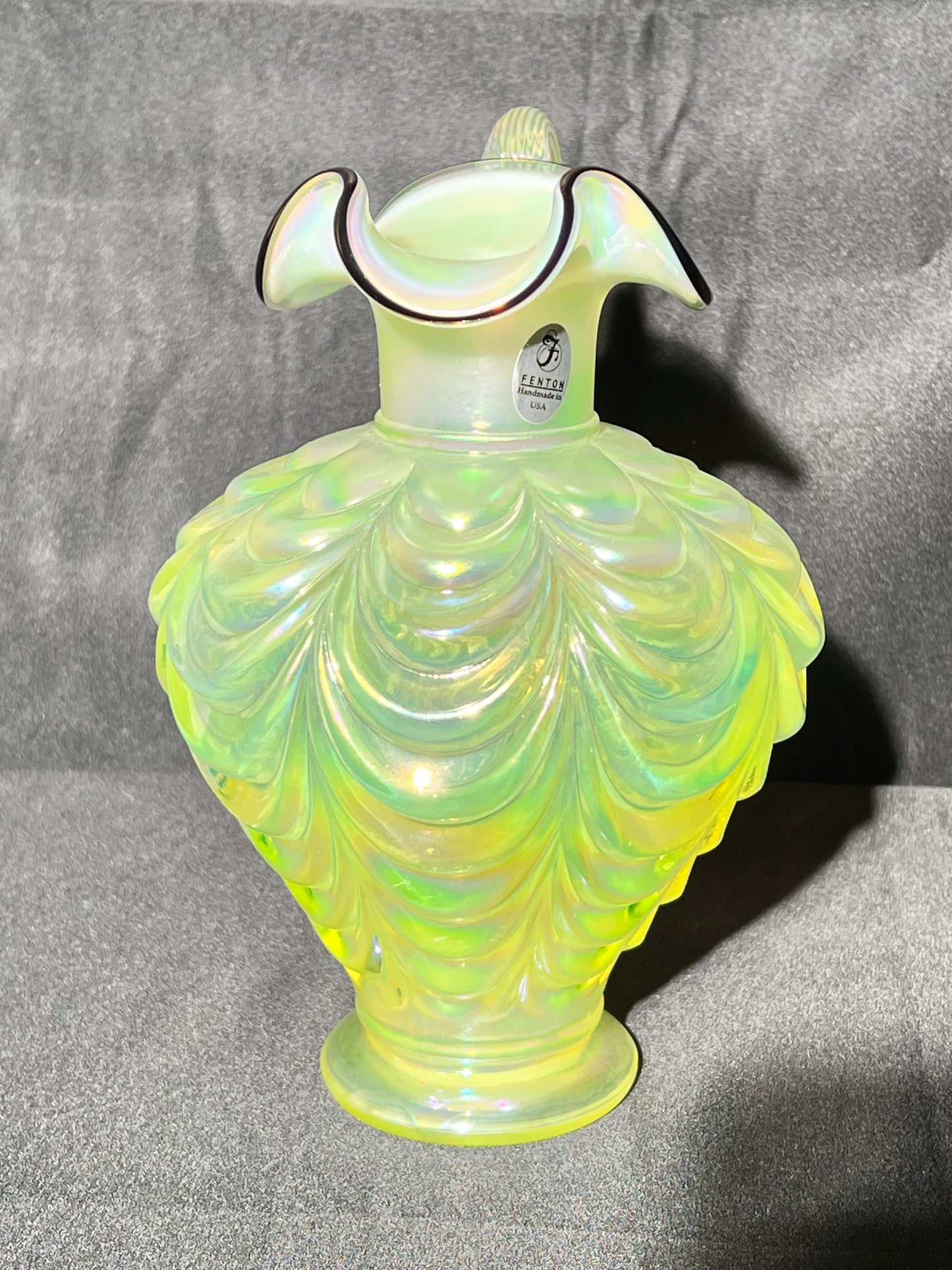 Uranium- 7 1/2” Pitcher Vase - iridescent - Ruffled- Drapery- Fenton with sticker