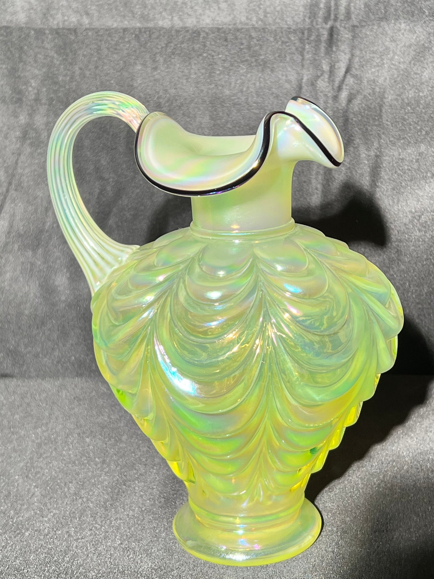 Uranium- 7 1/2” Pitcher Vase - iridescent - Ruffled- Drapery- Fenton with sticker