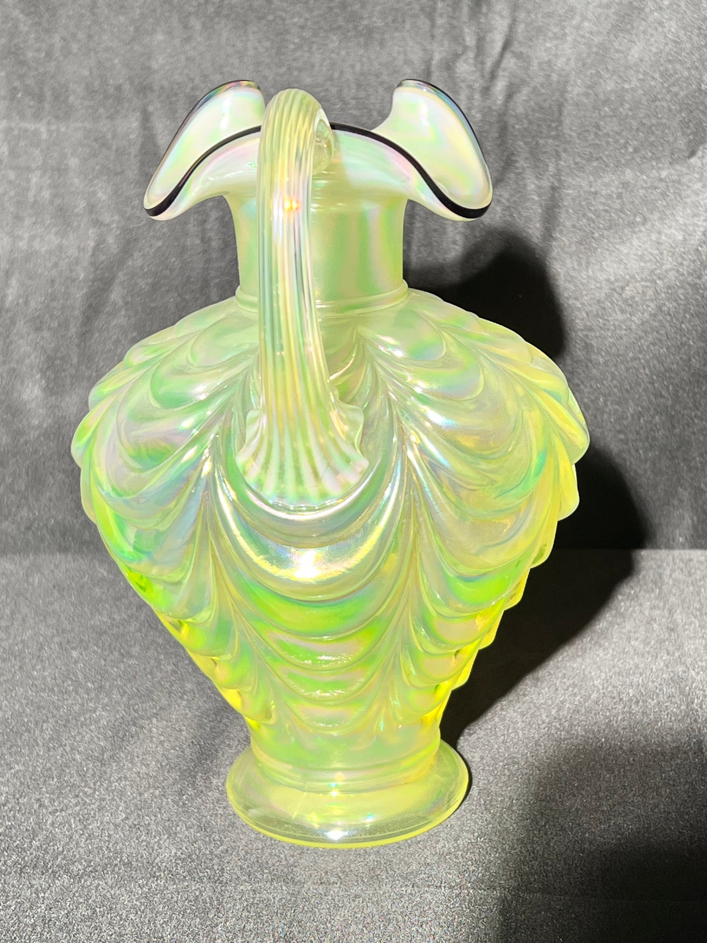 Uranium- 7 1/2” Pitcher Vase - iridescent - Ruffled- Drapery- Fenton with sticker