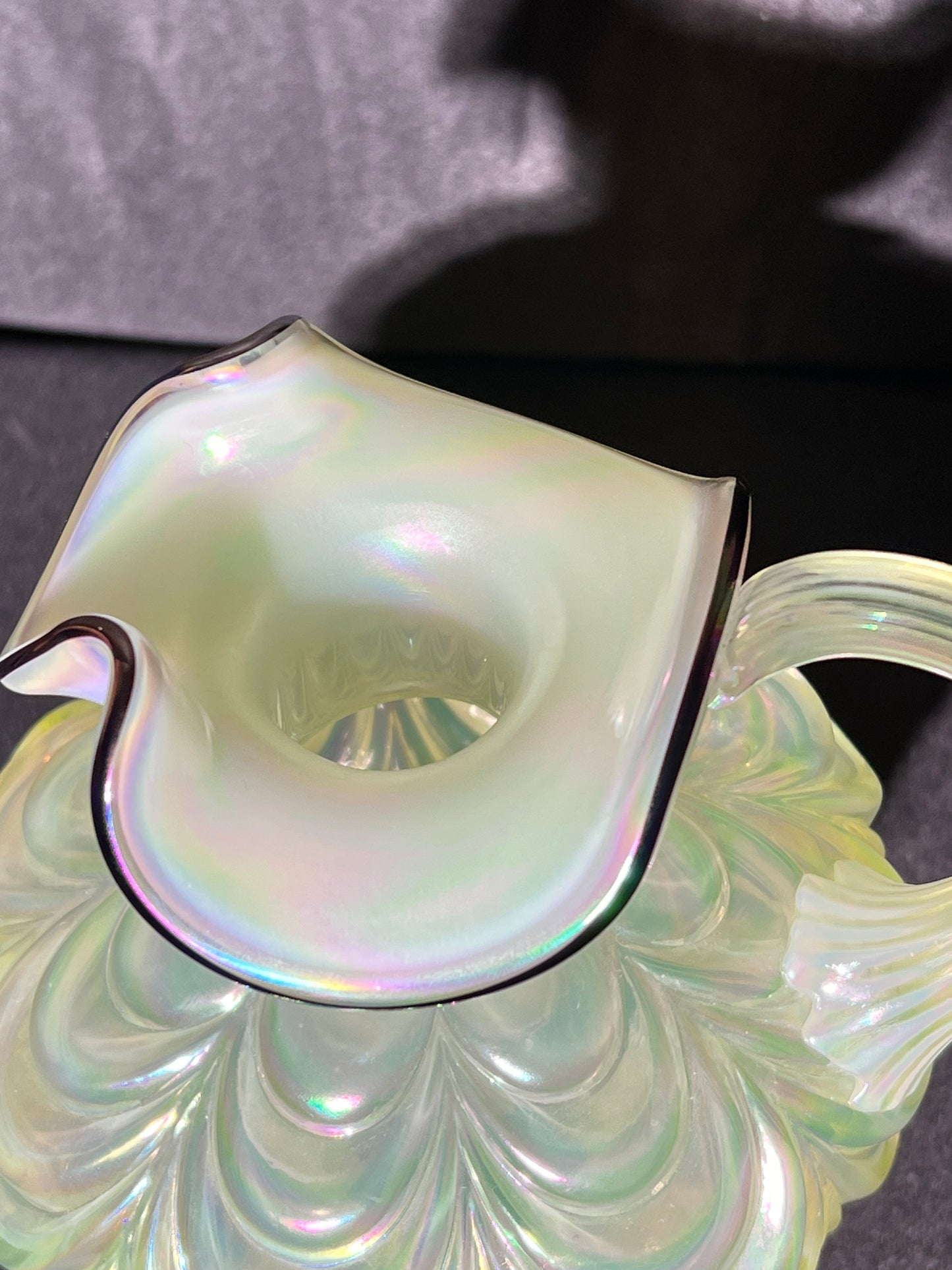 Uranium- 7 1/2” Pitcher Vase - iridescent - Ruffled- Drapery- Fenton with sticker