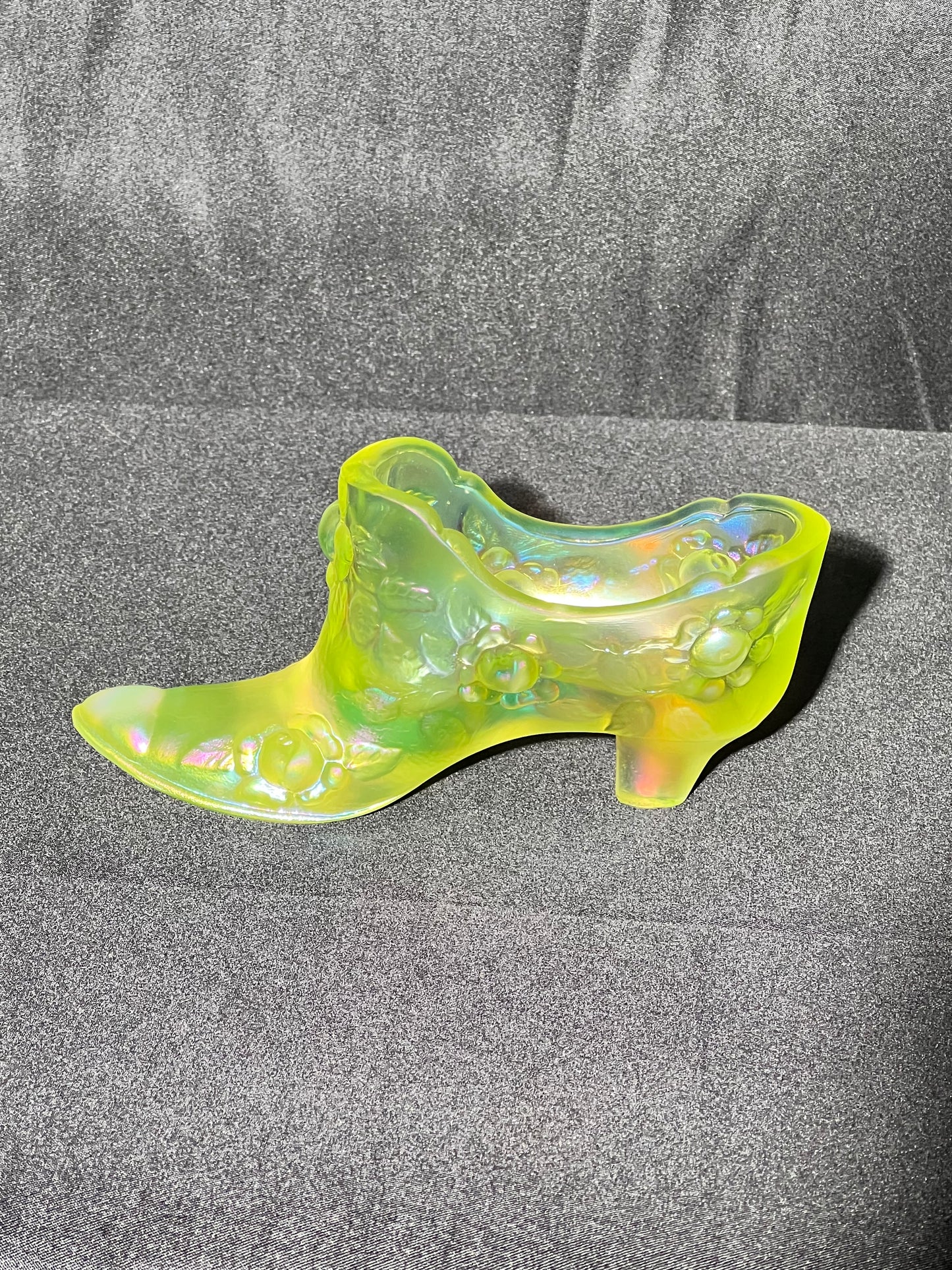 Uranium- 3” x 5 1/2” Fenton slipper -Boot - Glass art - signed and sticker - cabbage rose