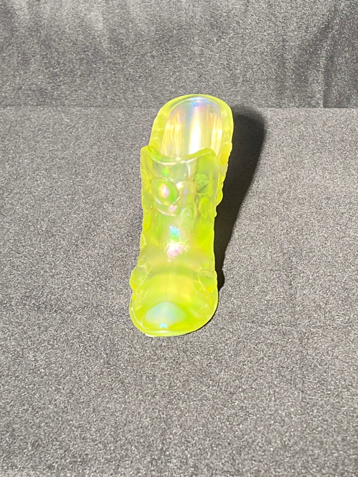 Uranium- 3” x 5 1/2” Fenton slipper -Boot - Glass art - signed and sticker - cabbage rose