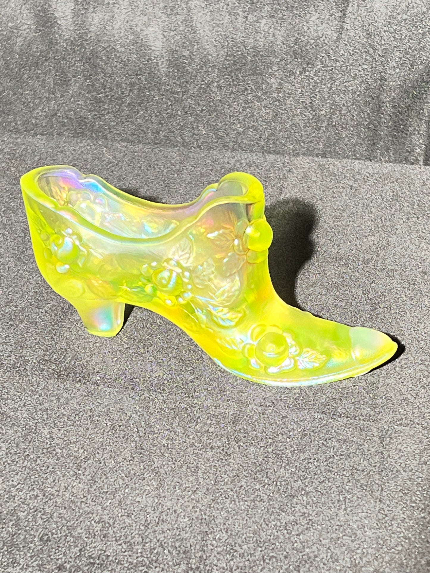 Uranium- 3” x 5 1/2” Fenton slipper -Boot - Glass art - signed and sticker - cabbage rose