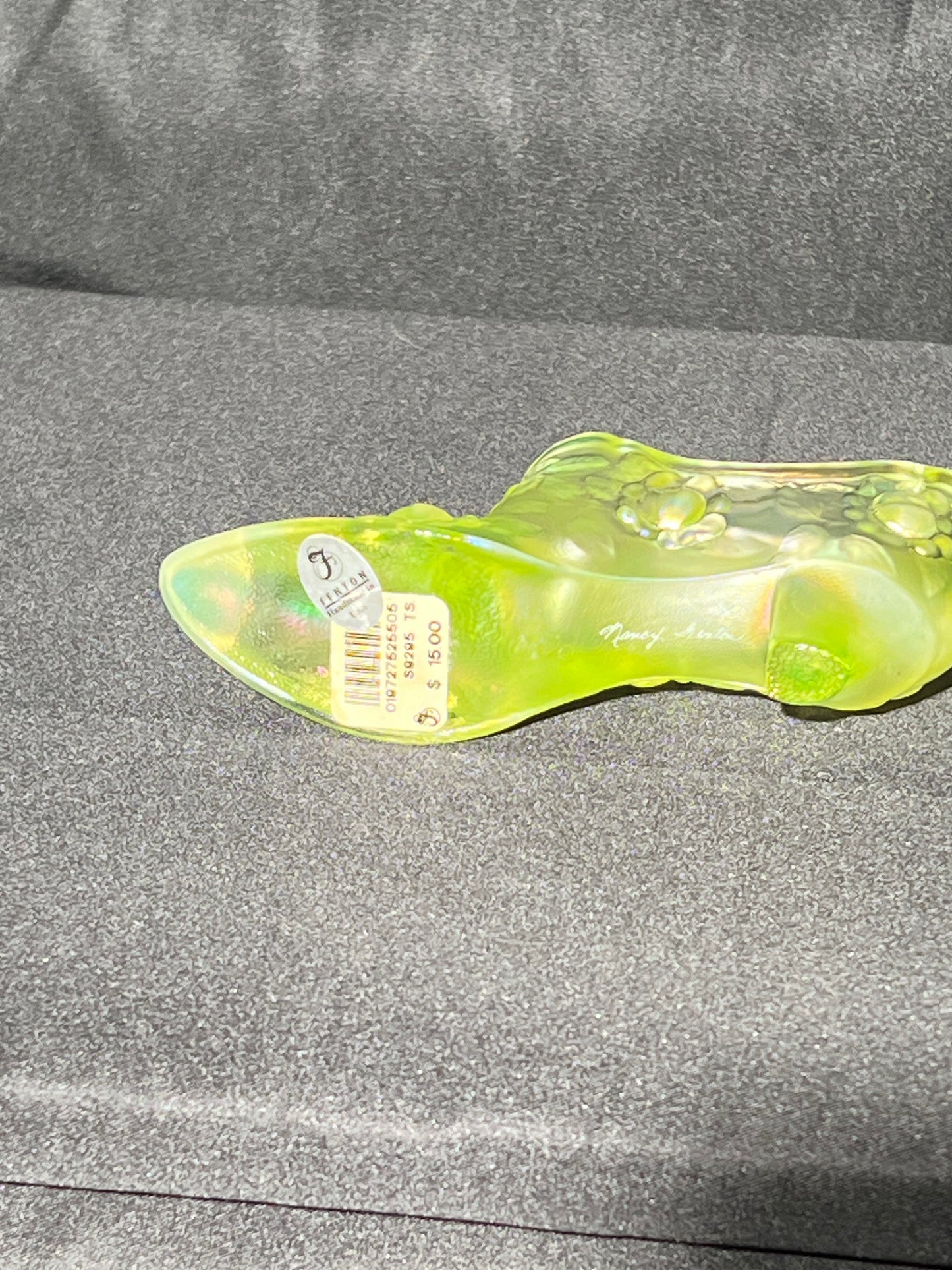 Uranium- 3” x 5 1/2” Fenton slipper -Boot - Glass art - signed and sticker - cabbage rose